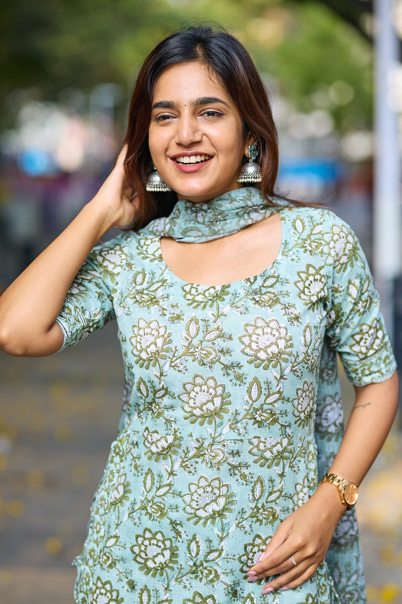 Soft Pastel Sage Green With Floral Block Print Cotton Salwar suit set with Kota Dupatta