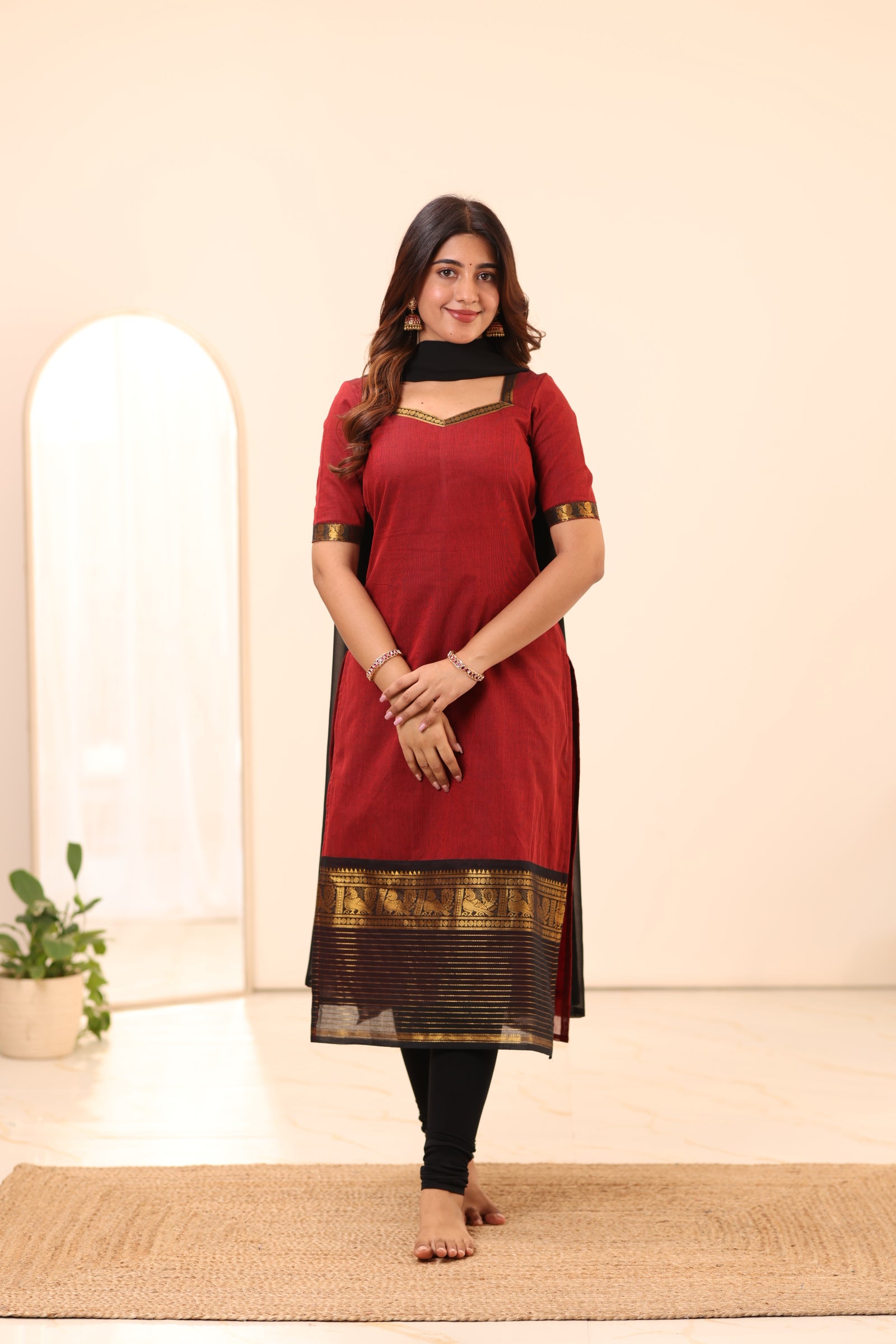 Brick Red with Black Chettinad Cotton Top and Dupatta