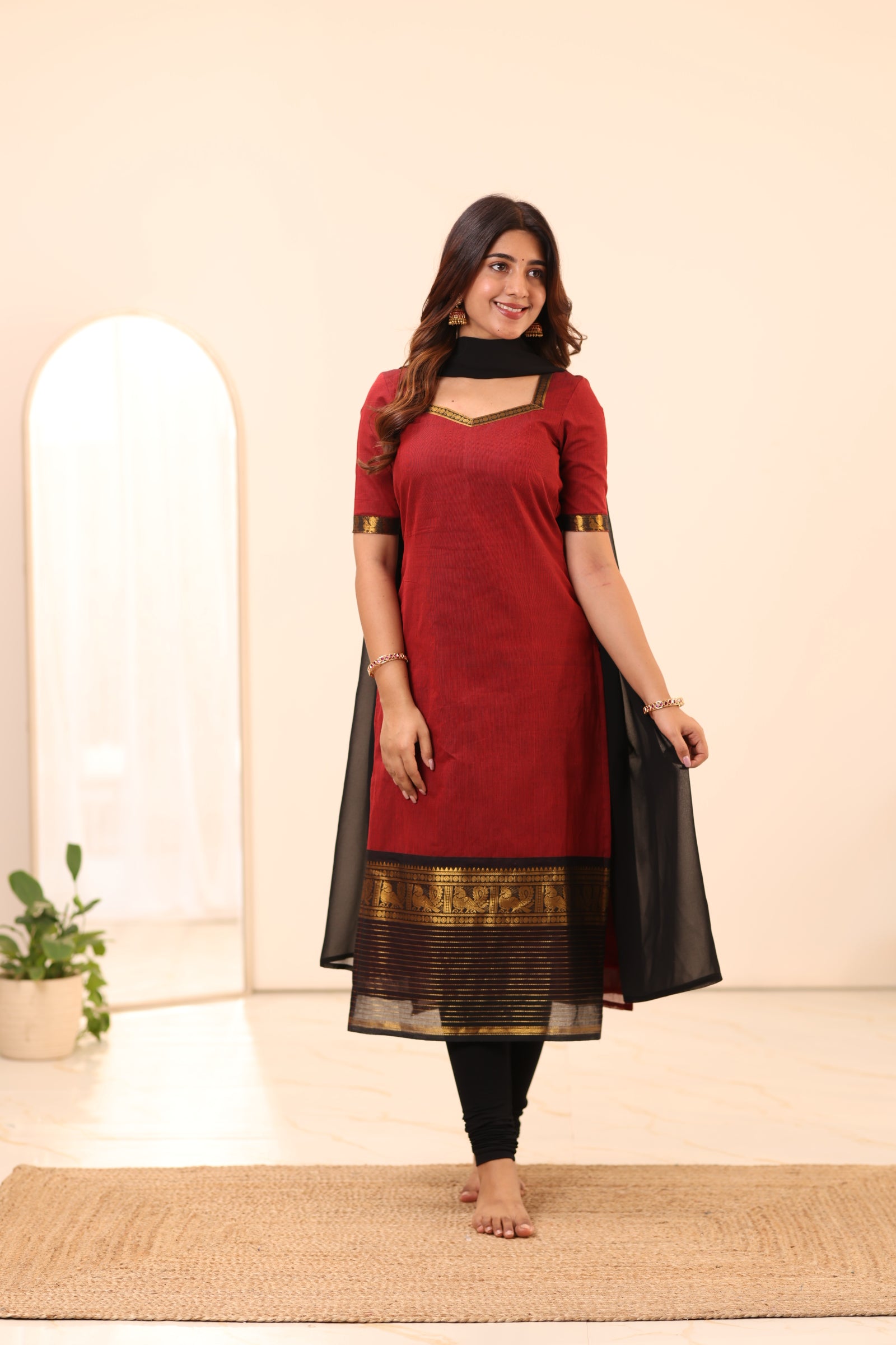 Brick Red with Black Chettinad Cotton Top and Dupatta