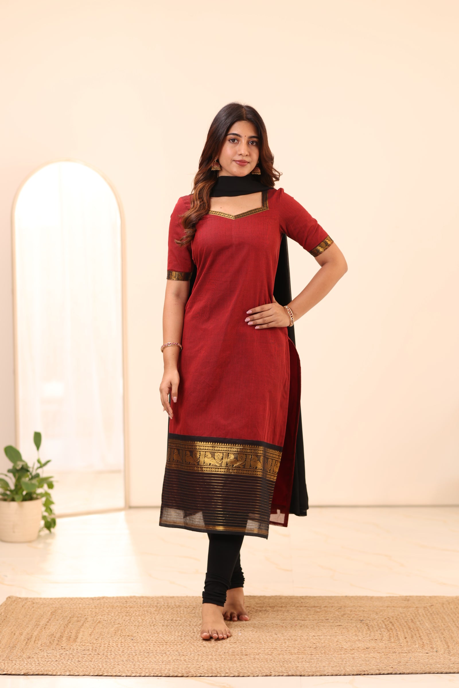 Brick Red with Black Chettinad Cotton Top and Dupatta
