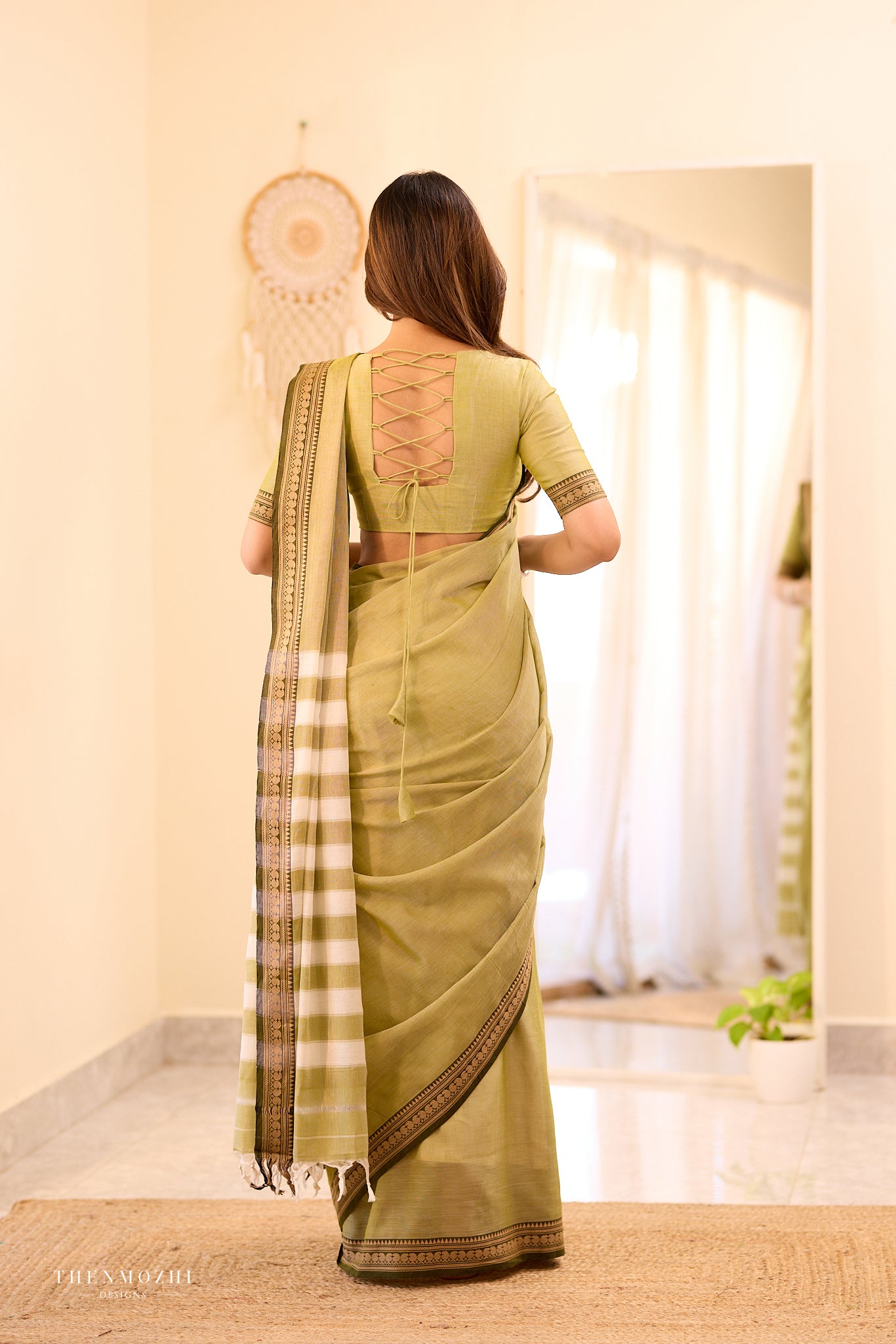 Pastel Olive Green Narayanpet Border Saree
