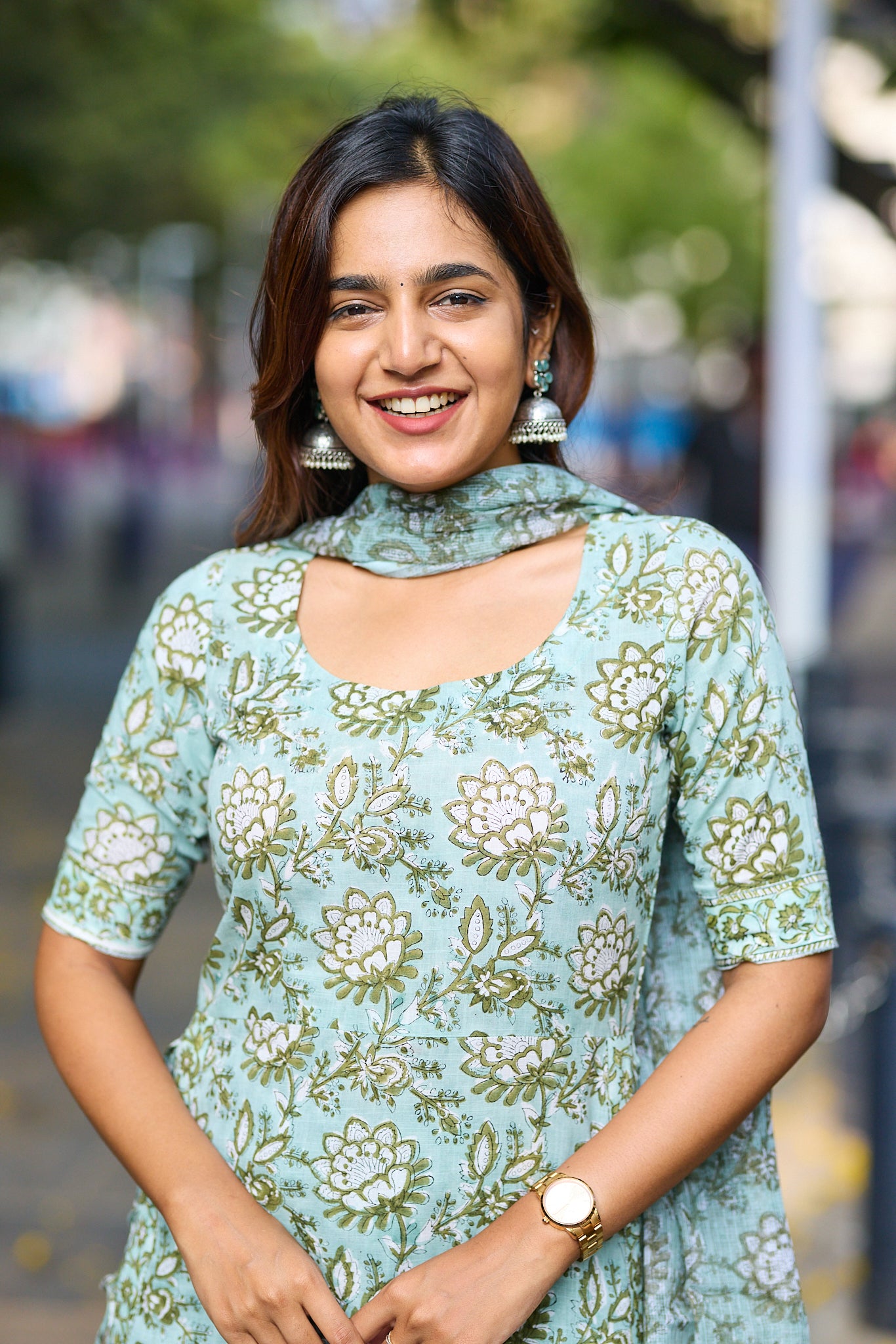 Soft Pastel Sage Green With Floral Block Print Cotton Salwar suit set with Kota Dupatta