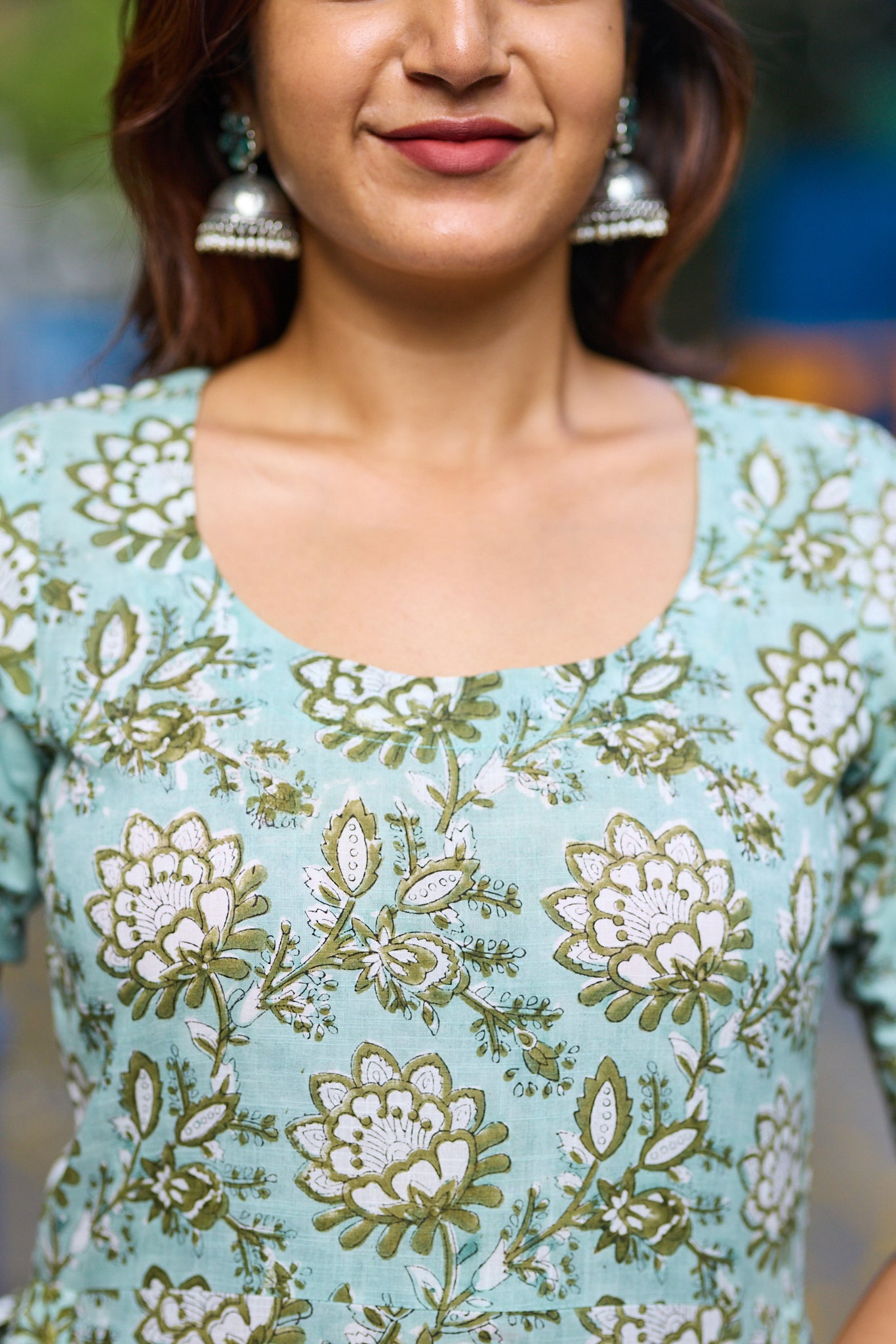 Soft Pastel Sage Green With Floral Block Print Cotton Salwar suit set with Kota Dupatta