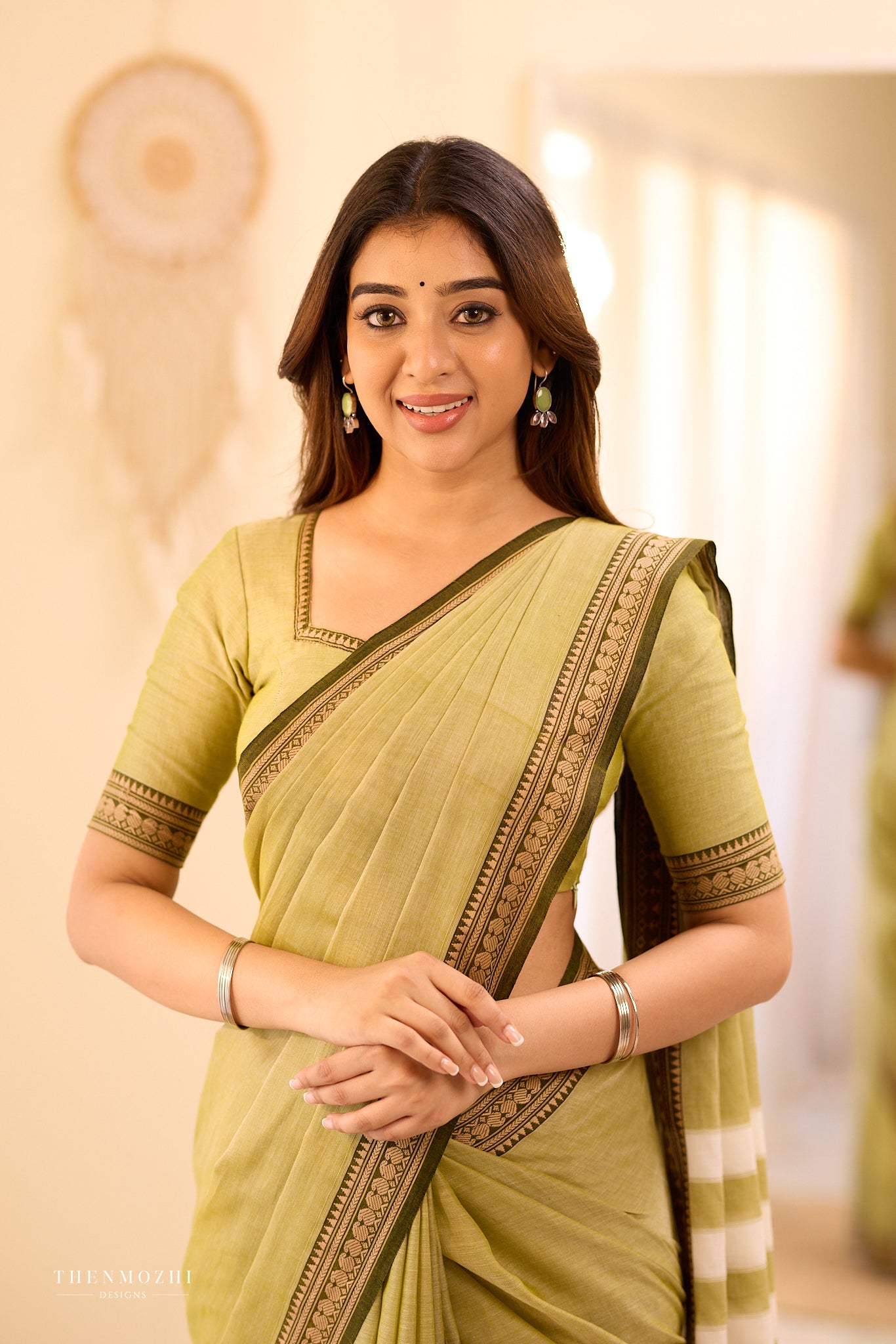 Pastel Olive Green Narayanpet Border Saree