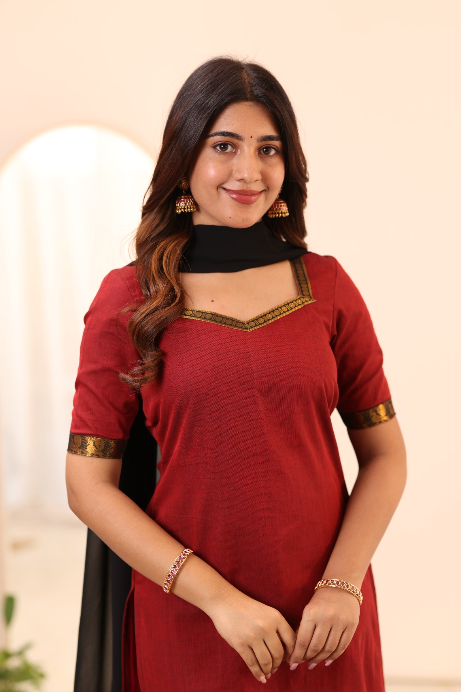 Brick Red with Black Chettinad Cotton Top and Dupatta