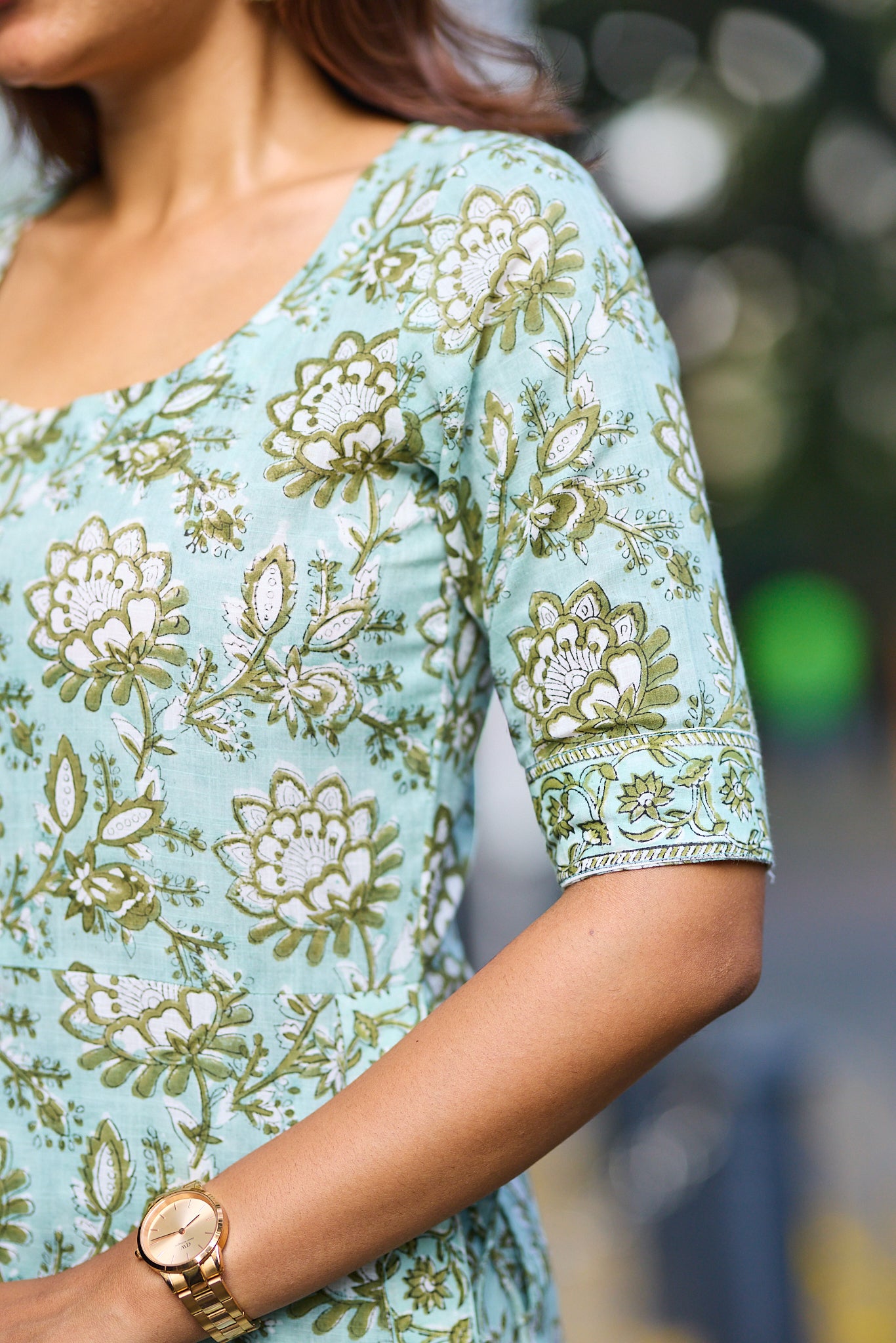 Soft Pastel Sage Green With Floral Block Print Cotton Salwar suit set with Kota Dupatta