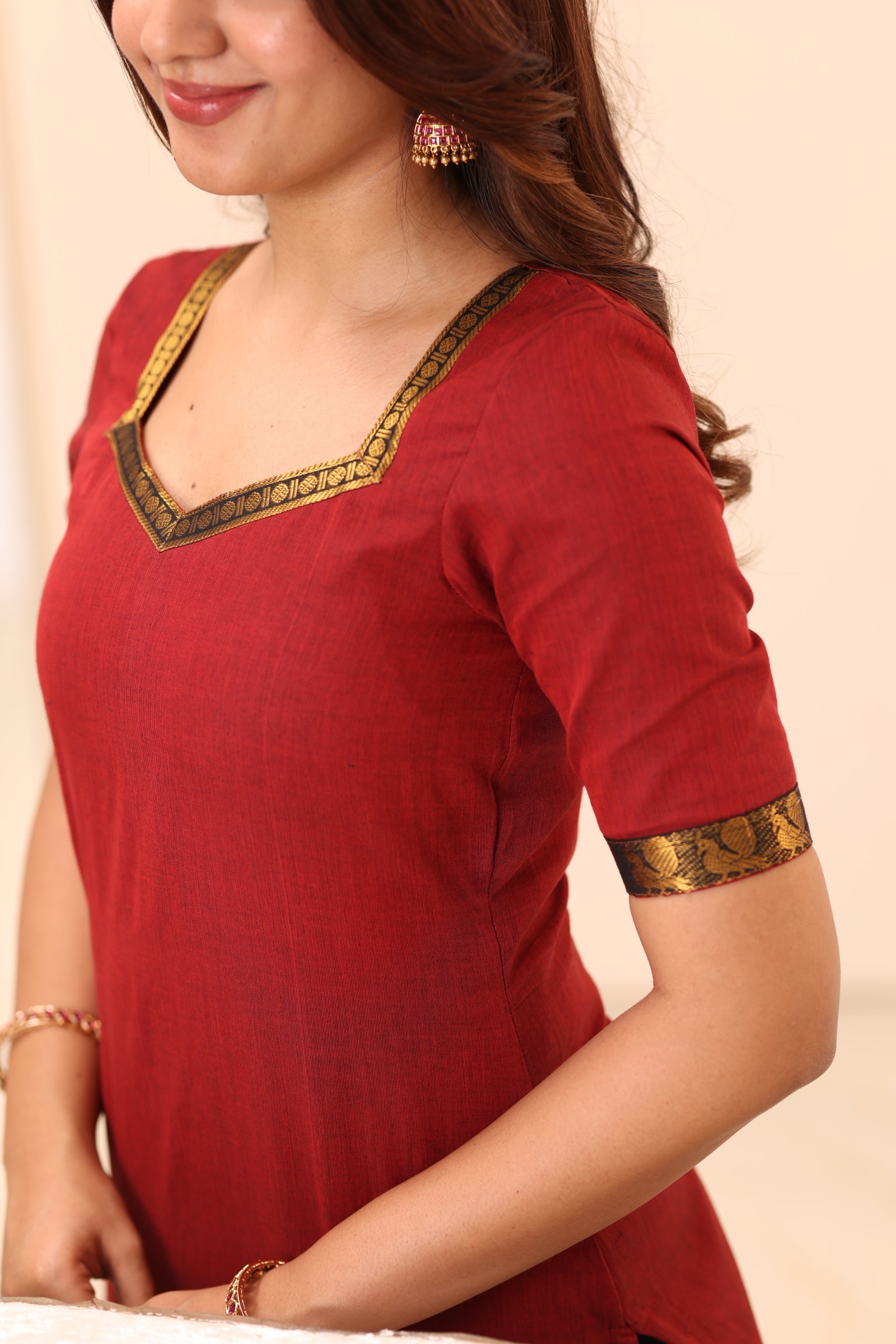 Brick Red with Black Chettinad Cotton Top and Dupatta