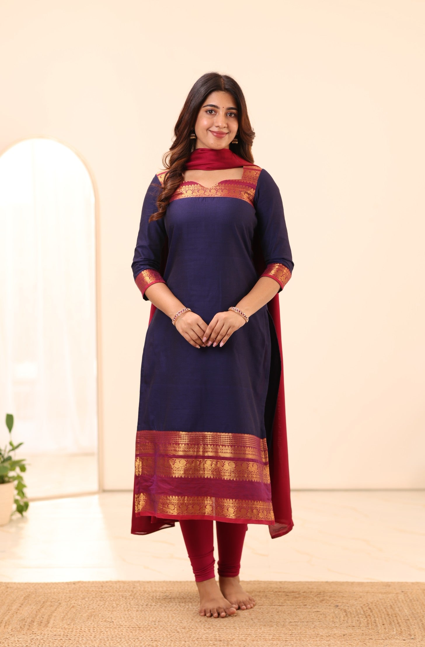 Navy Blue with Rani Pink Chettinad Cotton Top and Dupatta