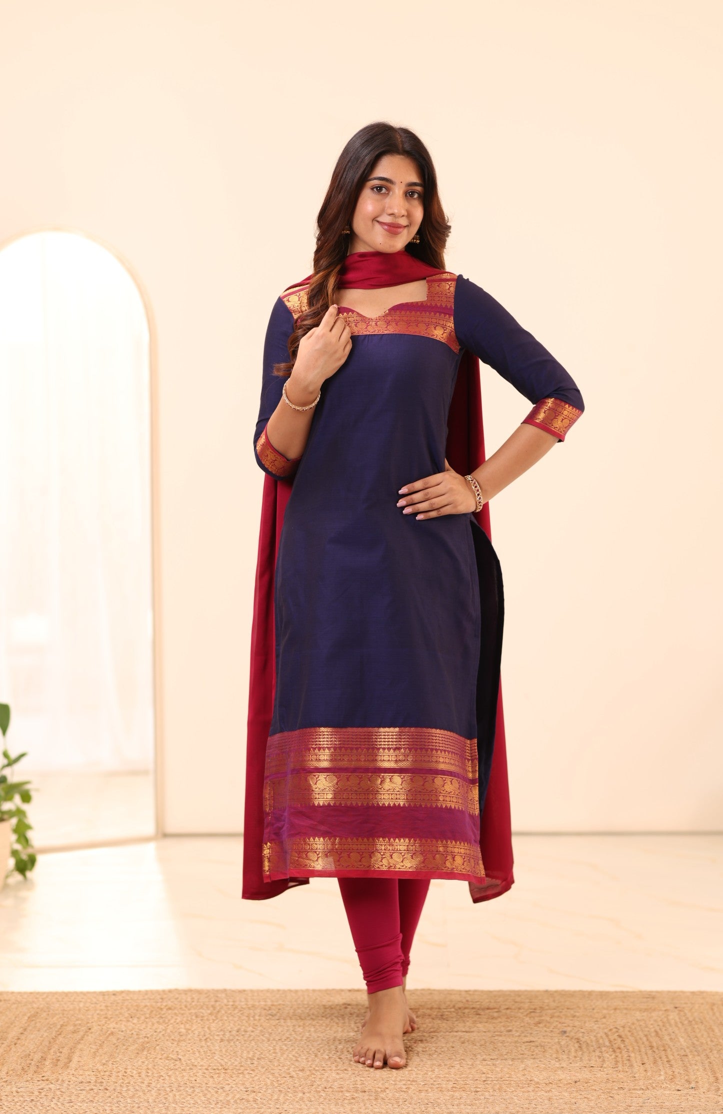 Navy Blue with Rani Pink Chettinad Cotton Top and Dupatta