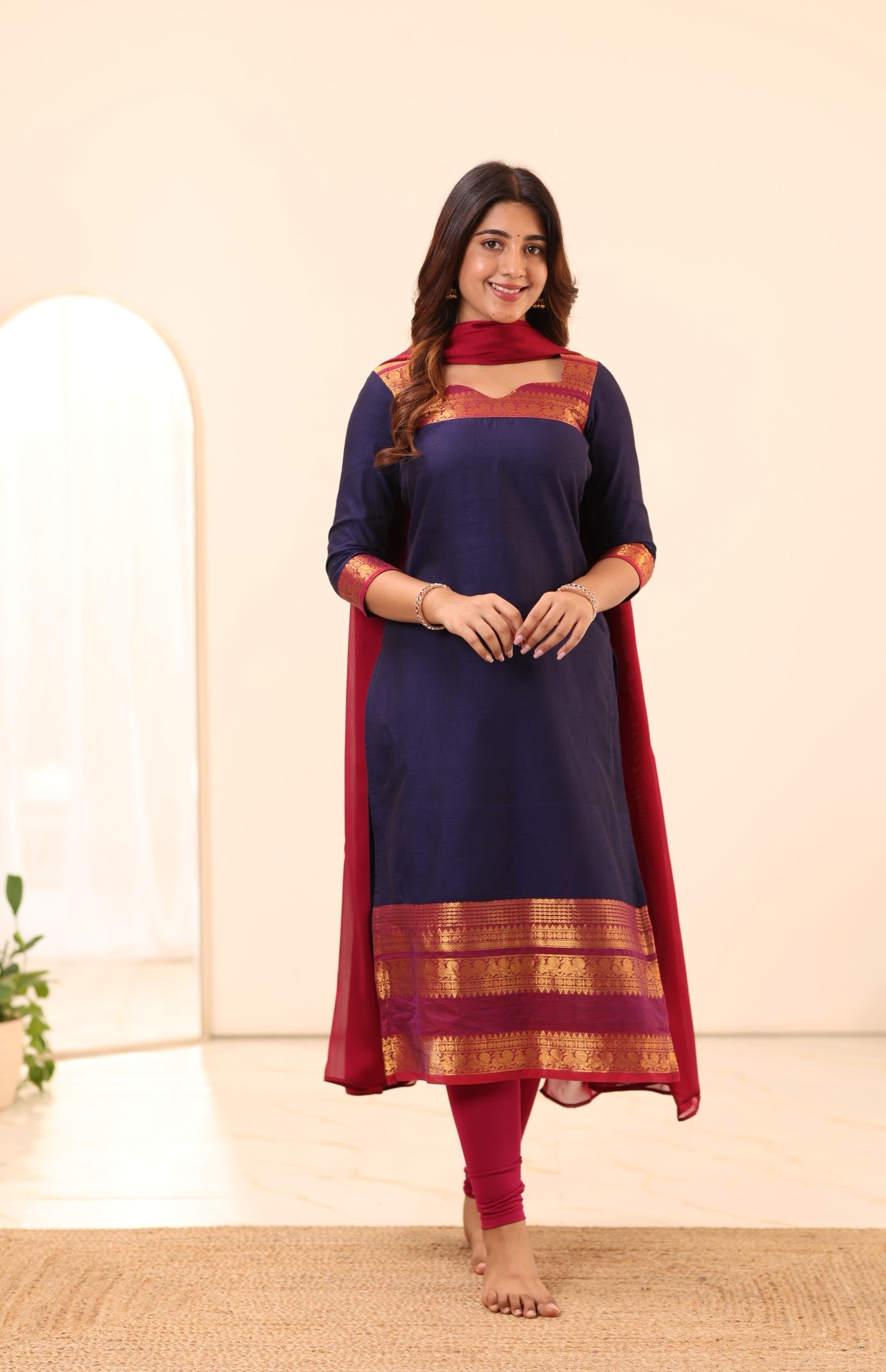 Navy Blue with Rani Pink Chettinad Cotton Top and Dupatta