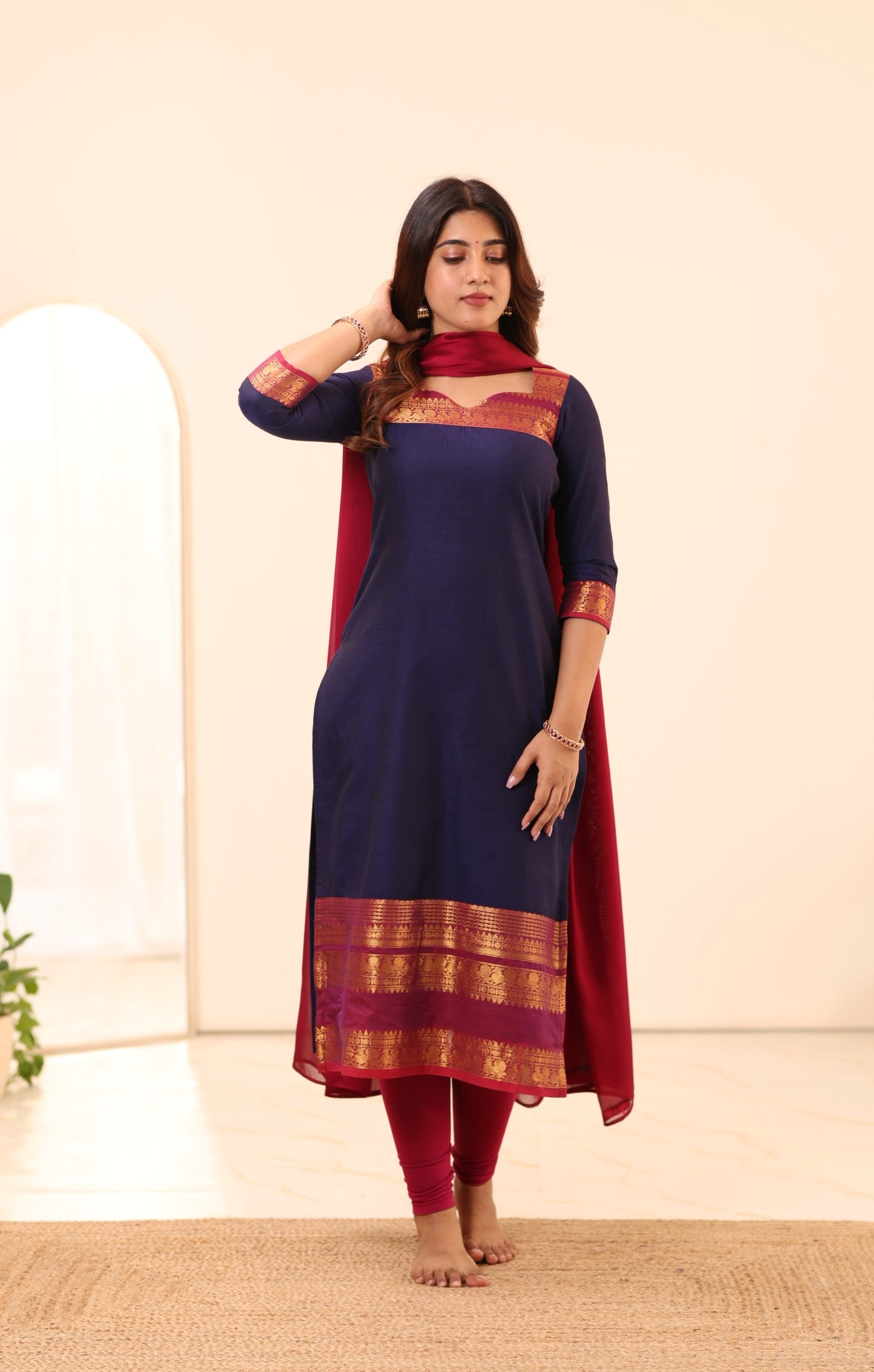 Navy Blue with Rani Pink Chettinad Cotton Top and Dupatta