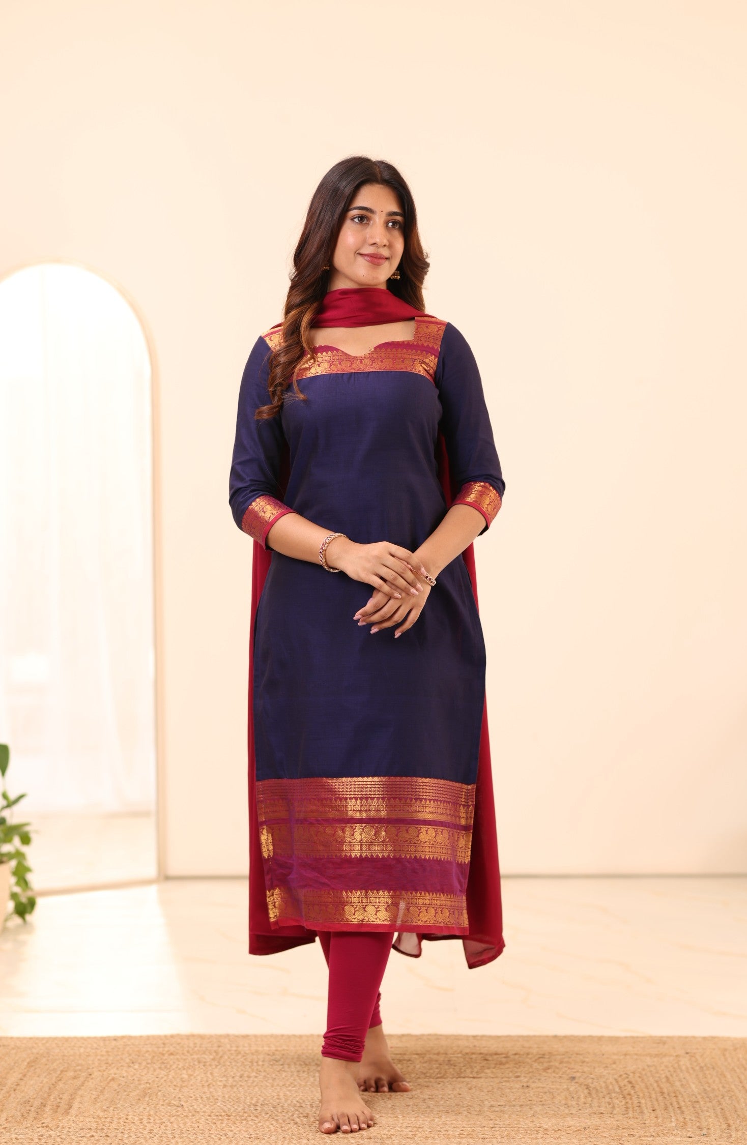 Navy Blue with Rani Pink Chettinad Cotton Top and Dupatta