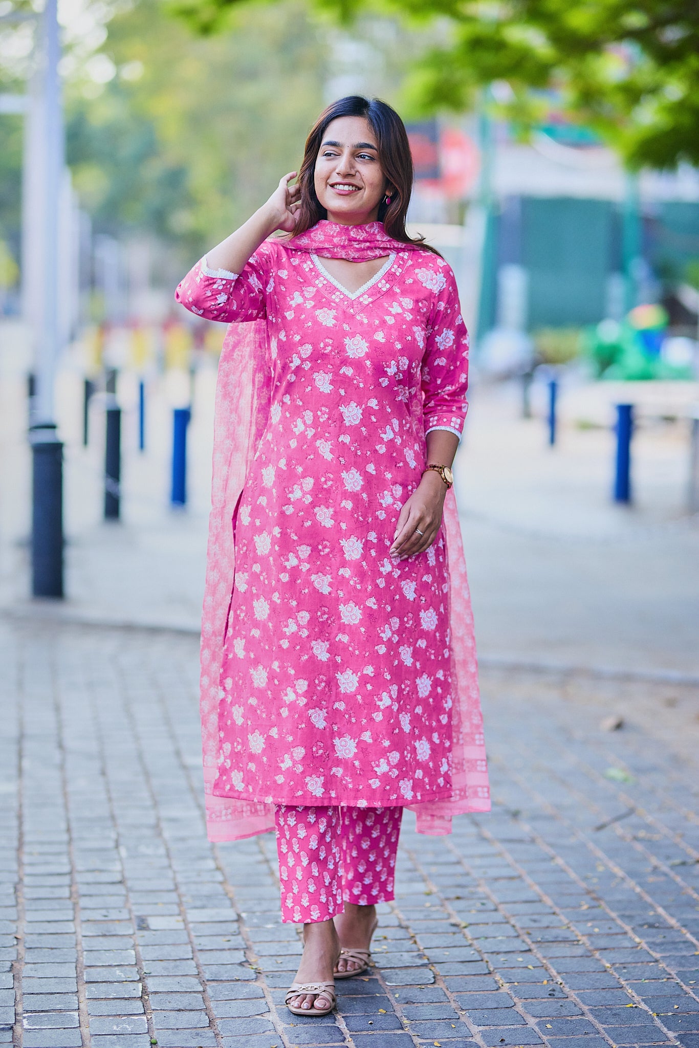 Candy Pink with White Floral Block Print Cotton Salwar Suit Set with Kota Dupatta