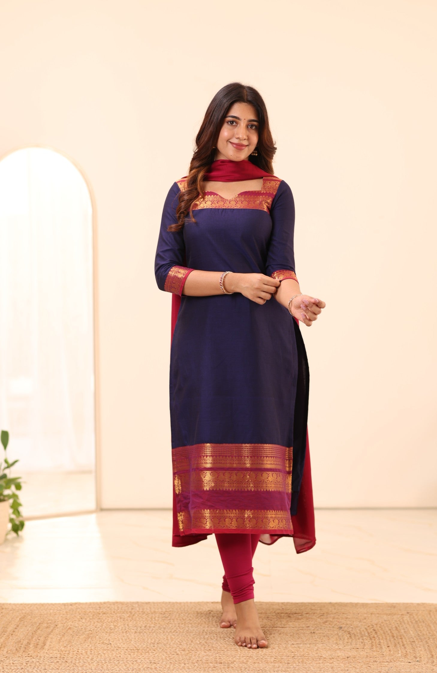 Navy Blue with Rani Pink Chettinad Cotton Top and Dupatta