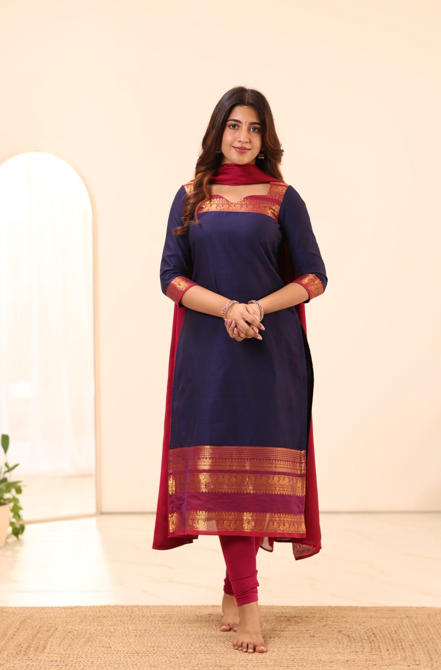 Navy Blue with Rani Pink Chettinad Cotton Top and Dupatta