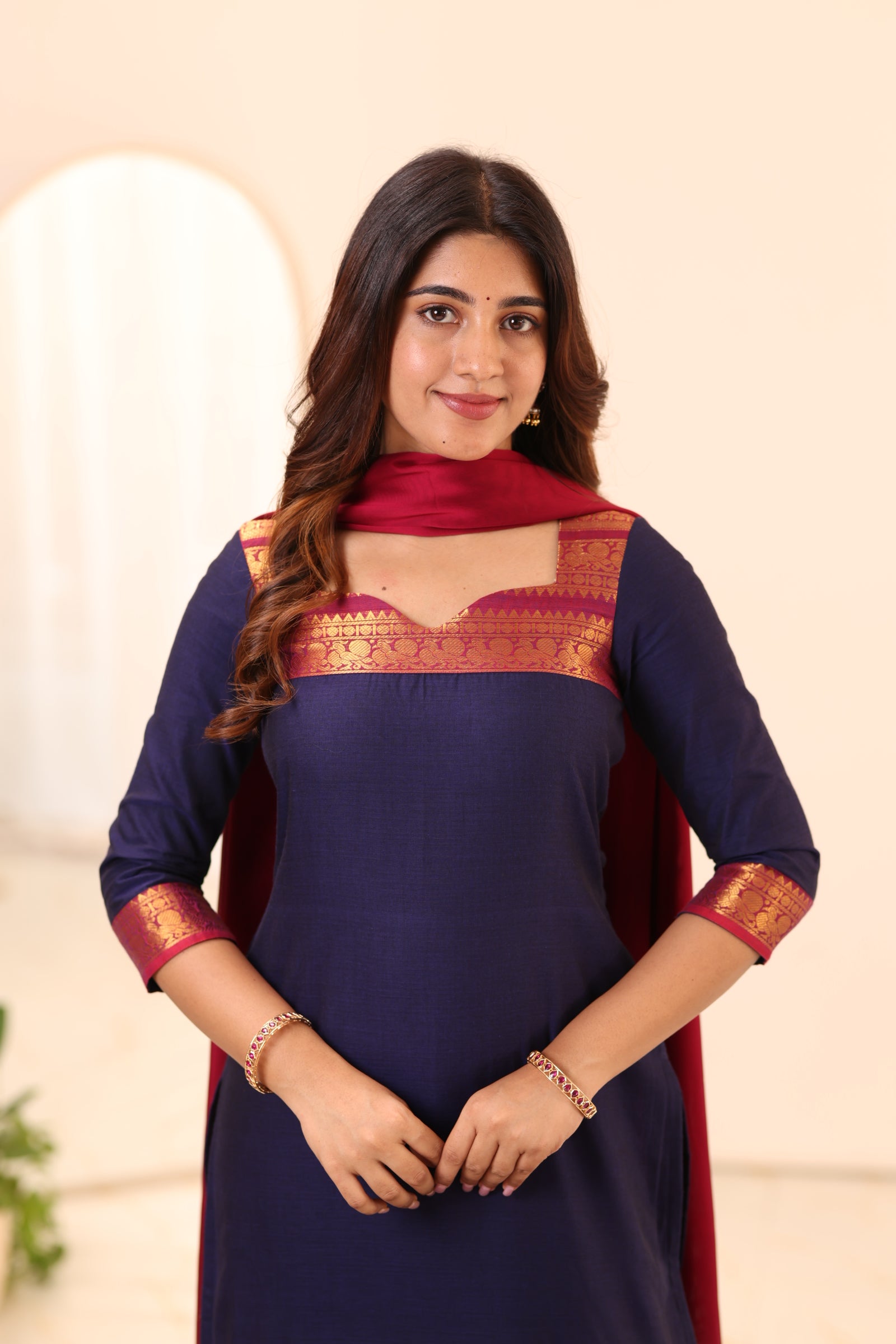 Navy Blue with Rani Pink Chettinad Cotton Top and Dupatta
