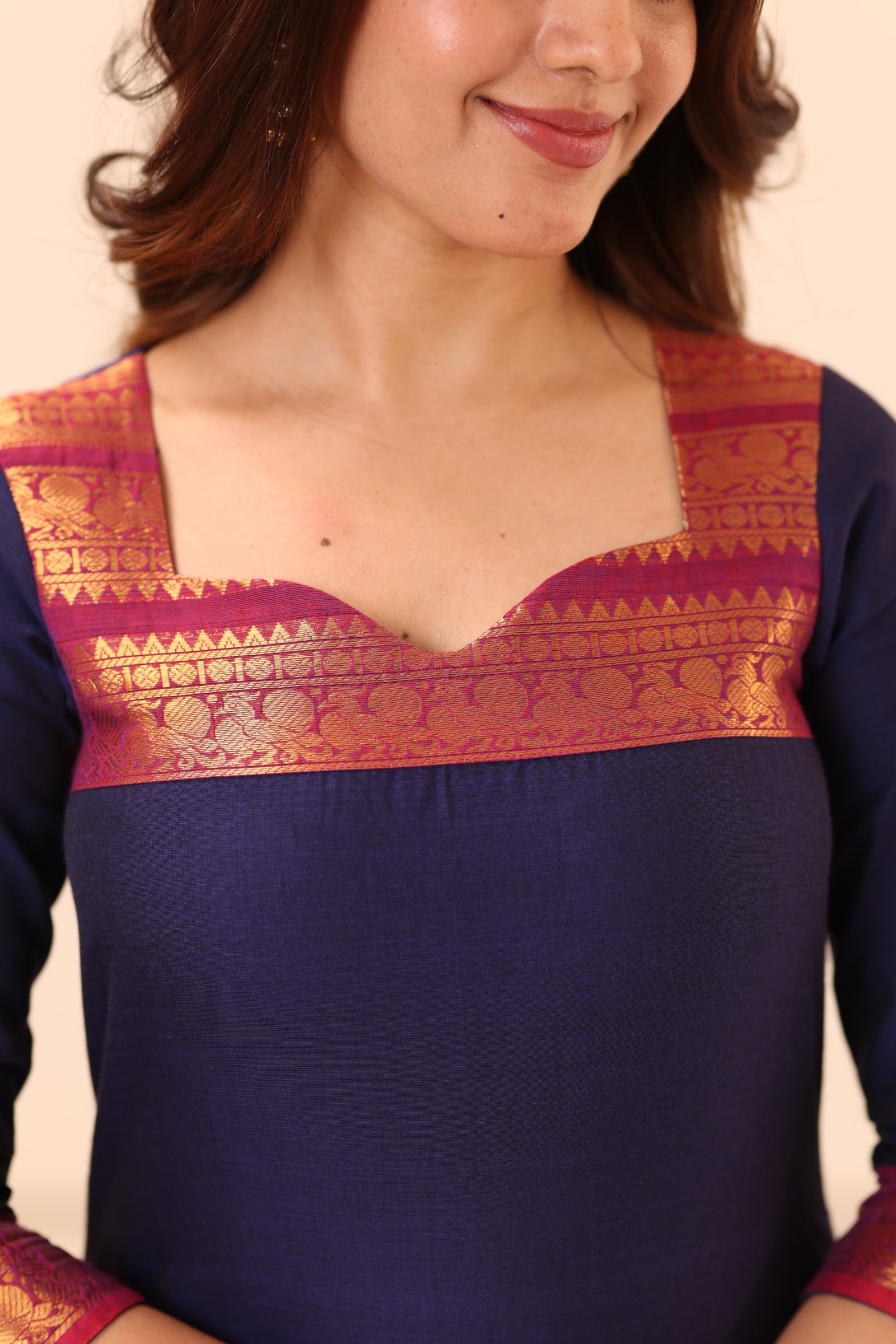 Navy Blue with Rani Pink Chettinad Cotton Top and Dupatta
