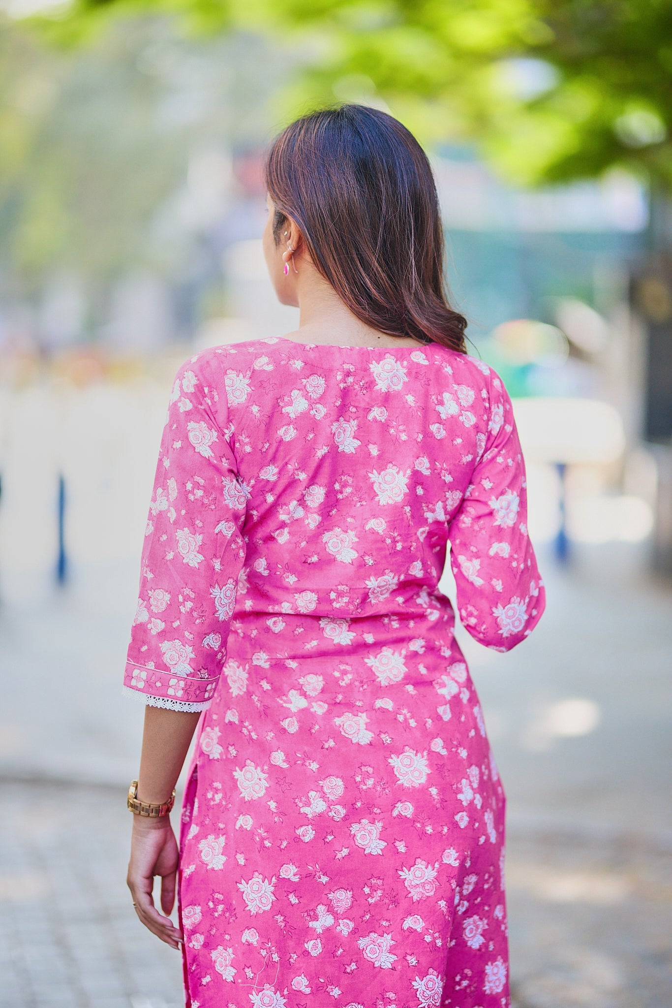 Candy Pink with White Floral Block Print Cotton Salwar Suit Set with Kota Dupatta