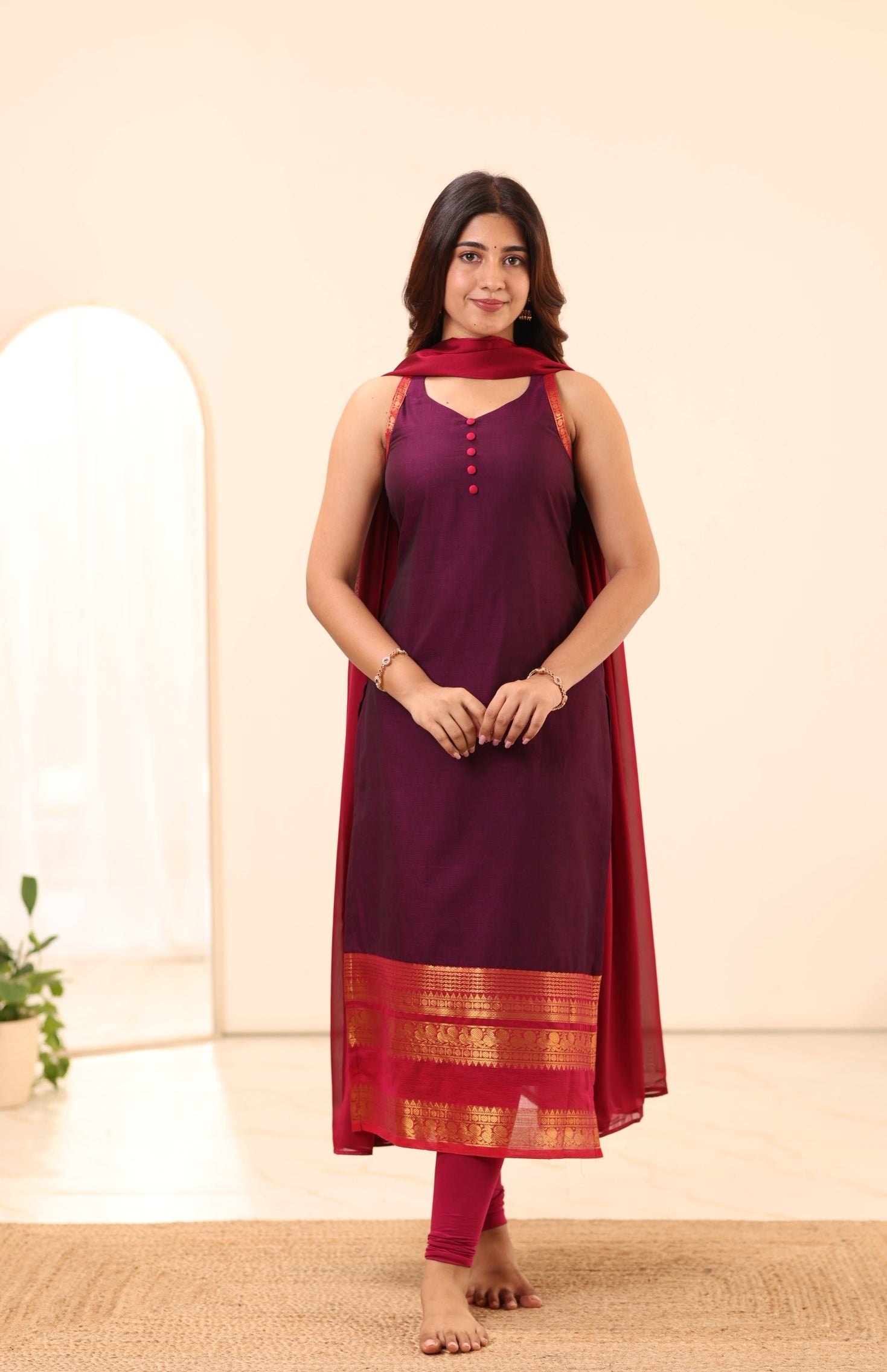 Wine Purple with Megenta Zari Border Chettinad Cotton Top and Dupatta