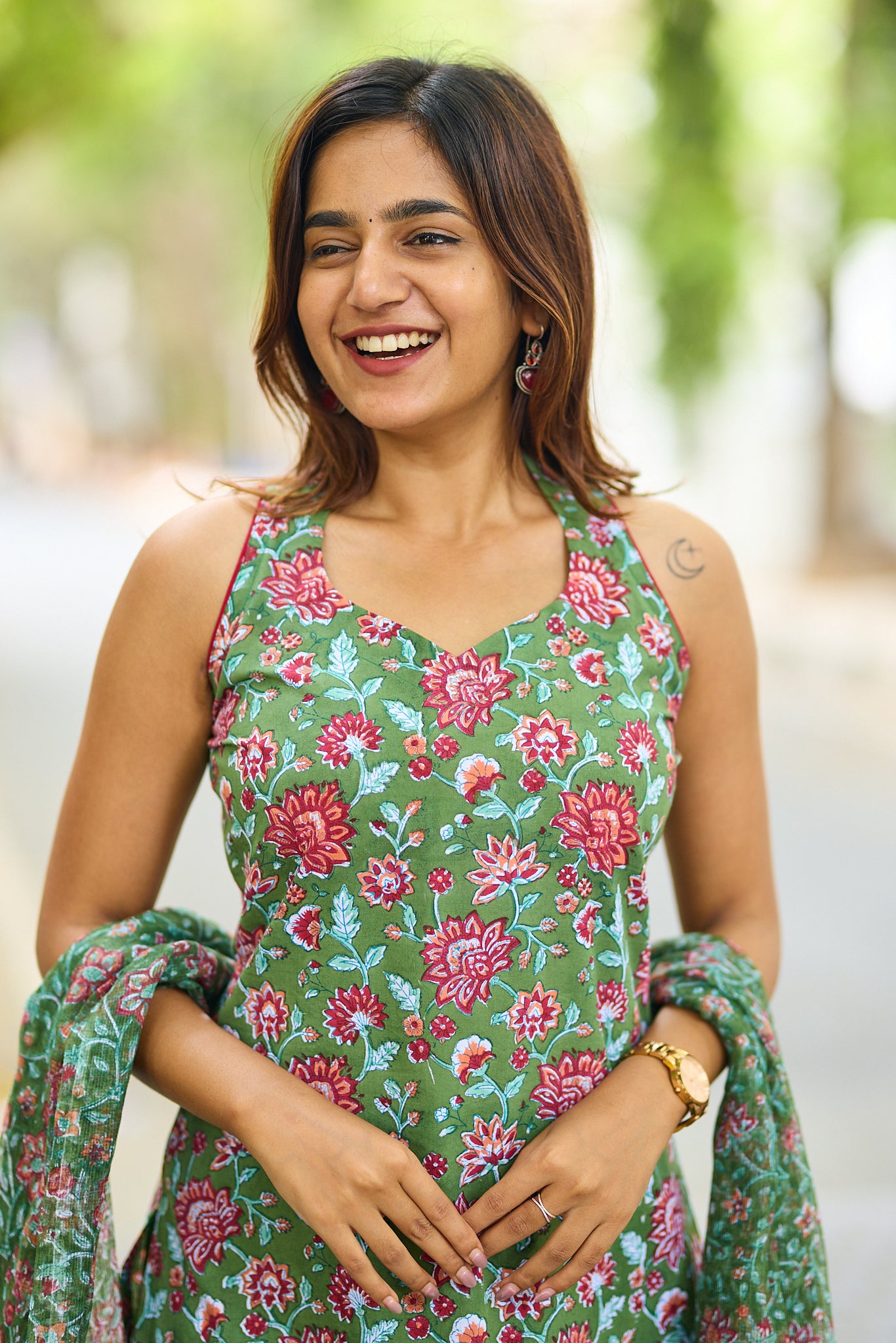 Dark Emerald Green With Red-floral Block Printed Cotton Salwar Suit set with Kota Dupatta