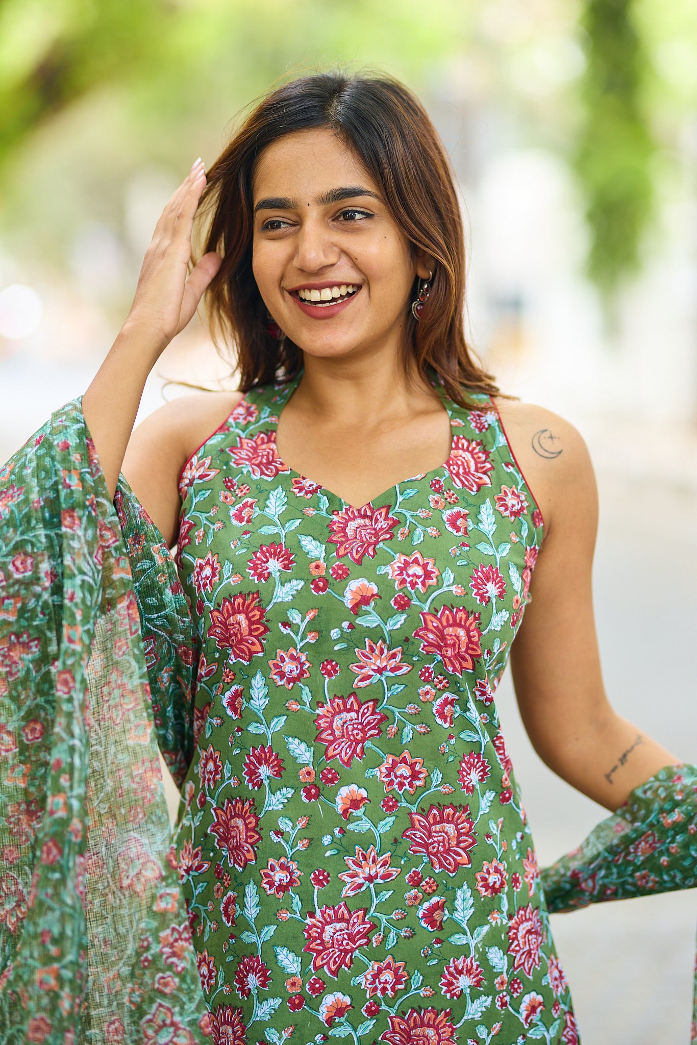 Dark Emerald Green With Red-floral Block Printed Cotton Salwar Suit set with Kota Dupatta