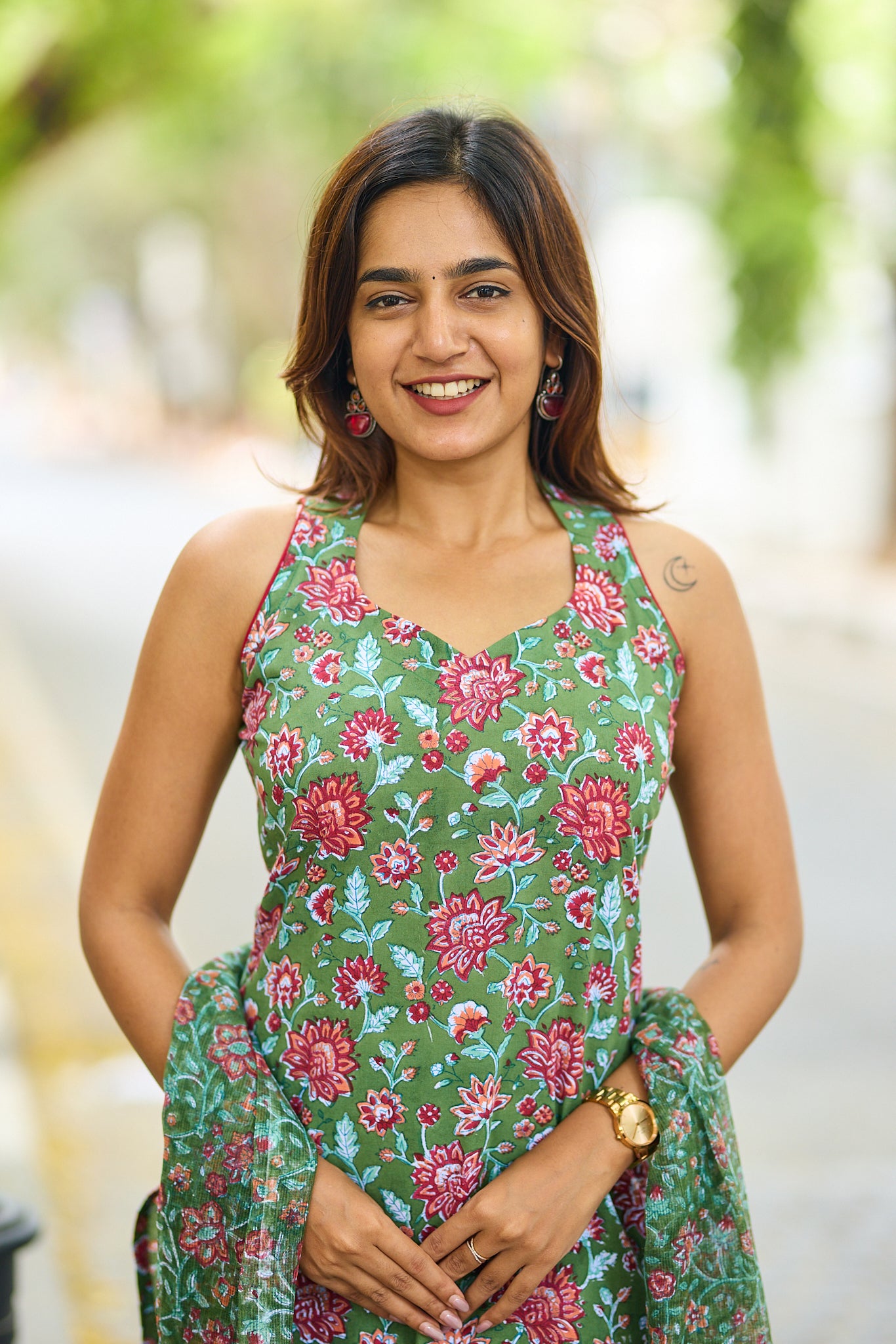 Dark Emerald Green With Red-floral Block Printed Cotton Salwar Suit set with Kota Dupatta