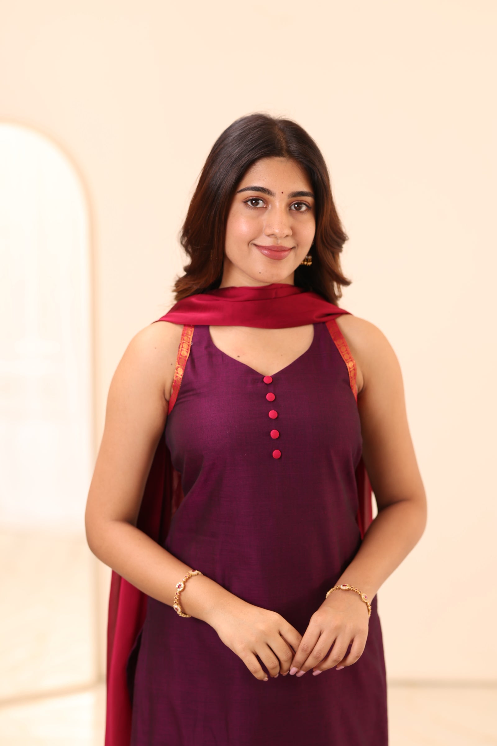 Wine Purple with Megenta Zari Border Chettinad Cotton Top and Dupatta