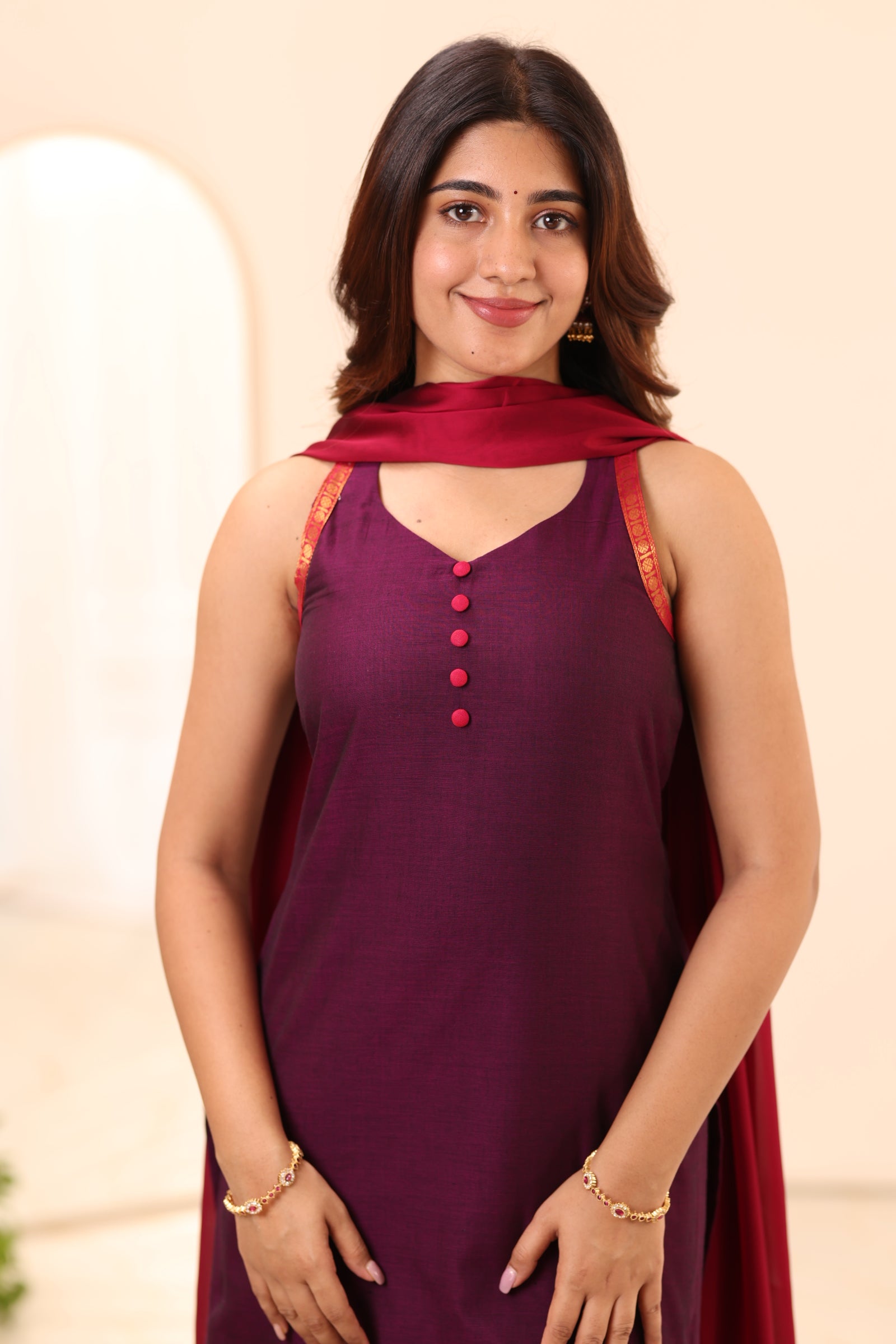 Wine Purple with Megenta Zari Border Chettinad Cotton Top and Dupatta