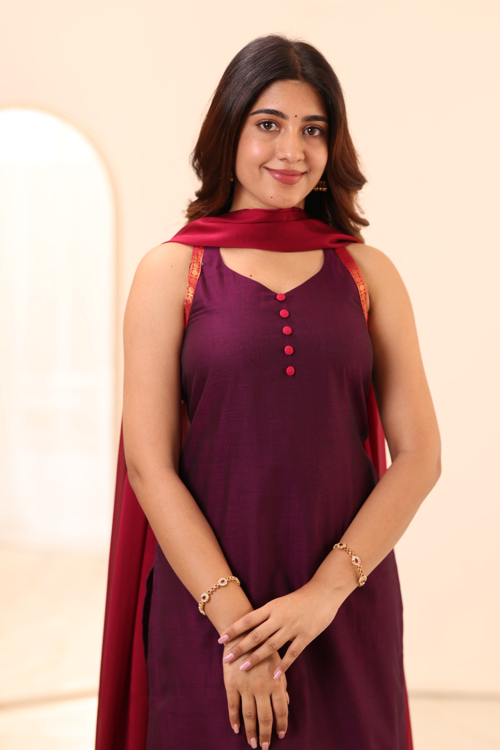 Wine Purple with Megenta Zari Border Chettinad Cotton Top and Dupatta