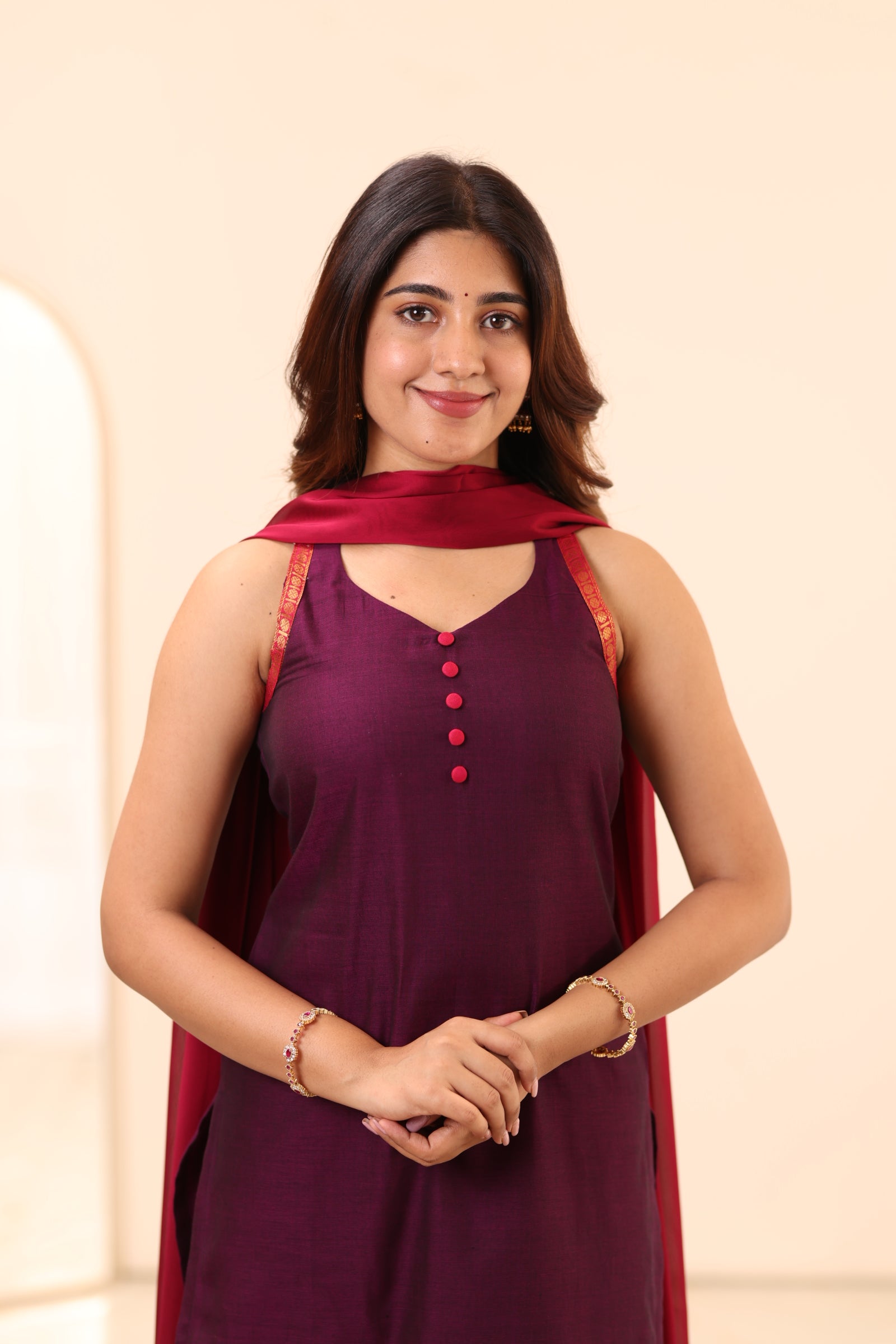 Wine Purple with Megenta Zari Border Chettinad Cotton Top and Dupatta