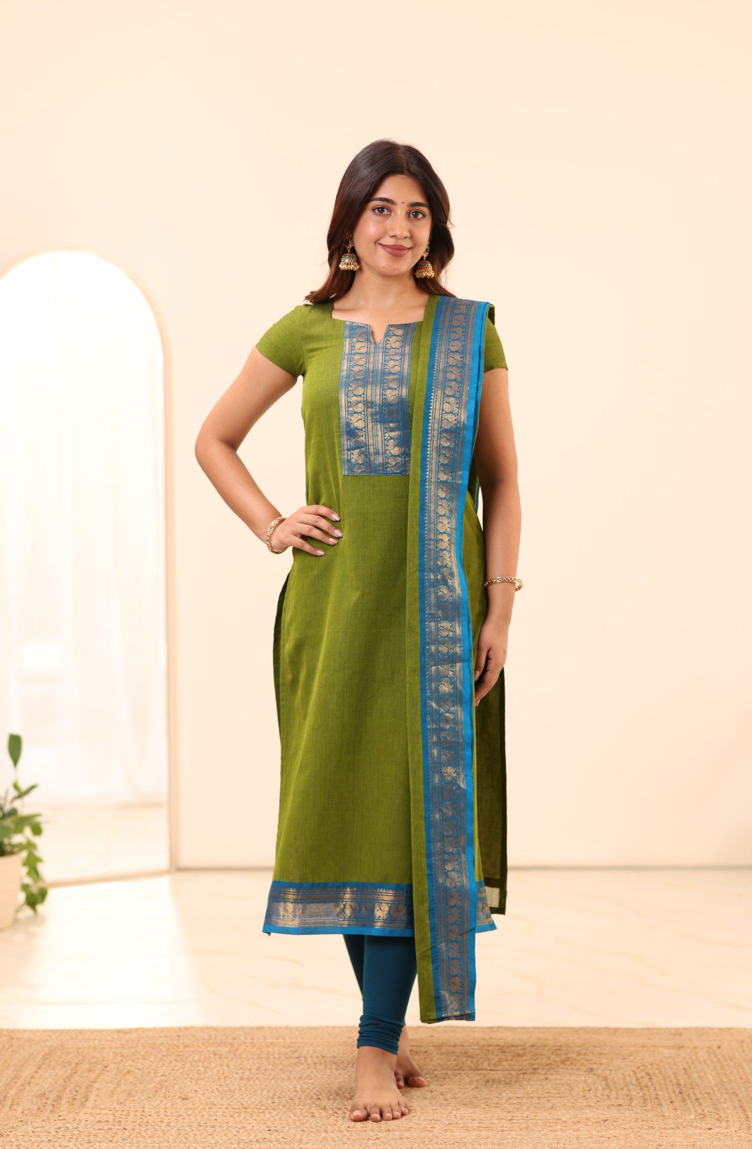 Olive Green with Turquoise Blue Chettinad Cotton Top and Dupatta