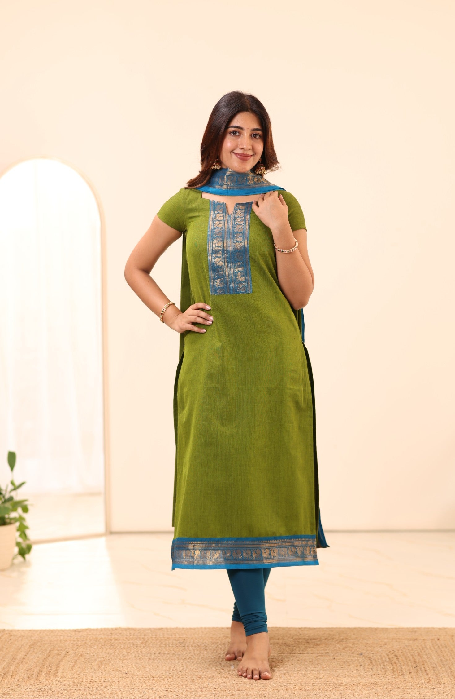 Olive Green with Turquoise Blue Chettinad Cotton Top and Dupatta