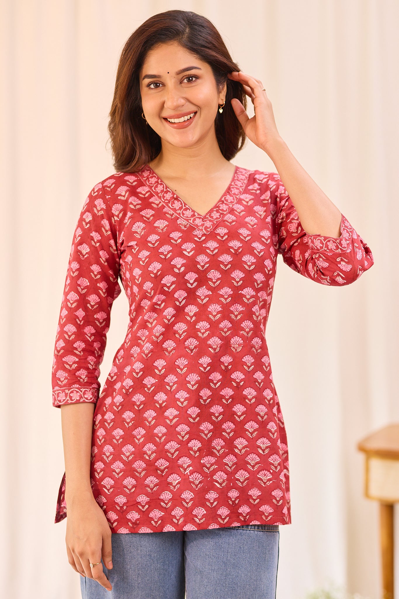 Crimson Red Printed Cotton Short Kurti