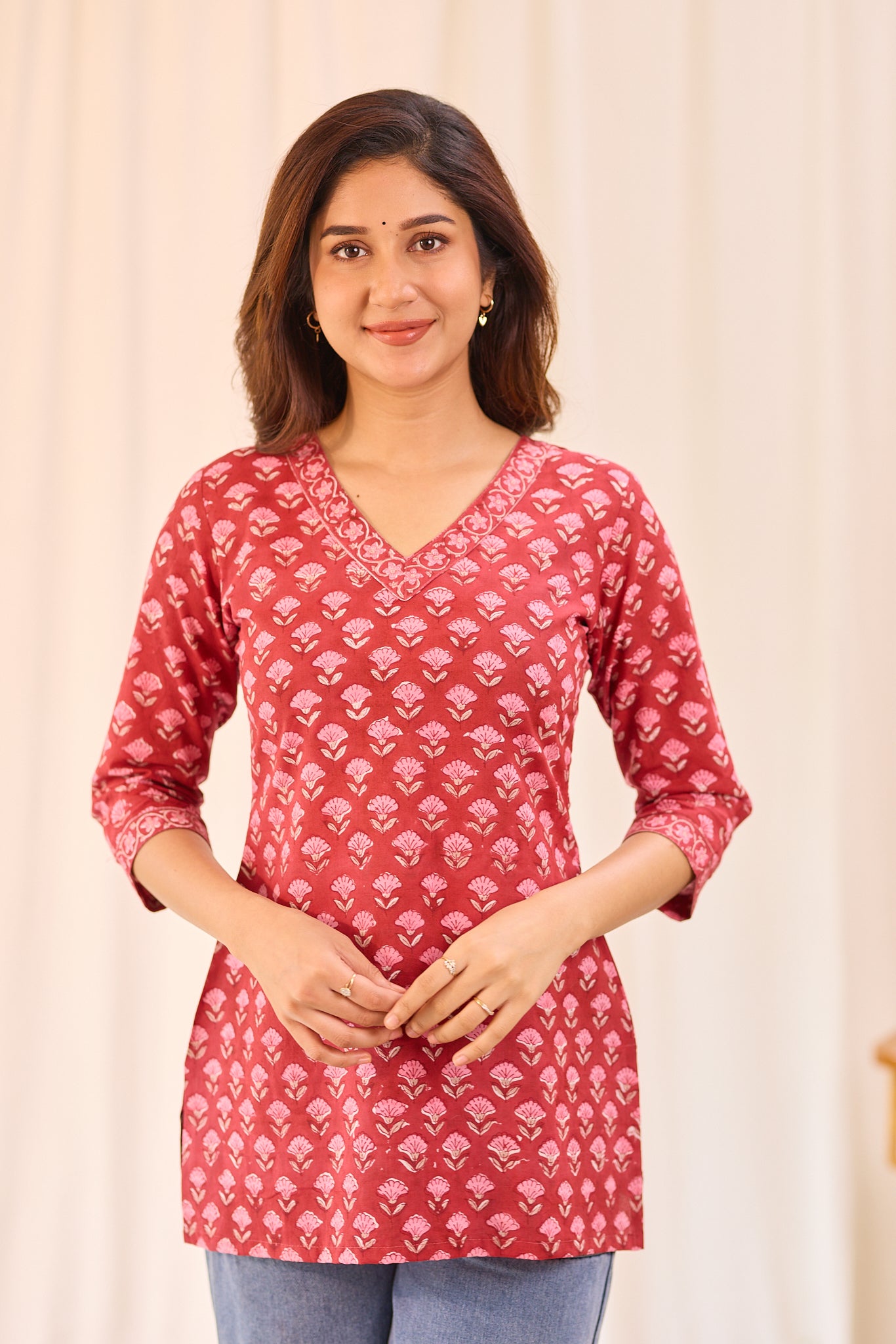 Crimson Red Printed Cotton Short Kurti