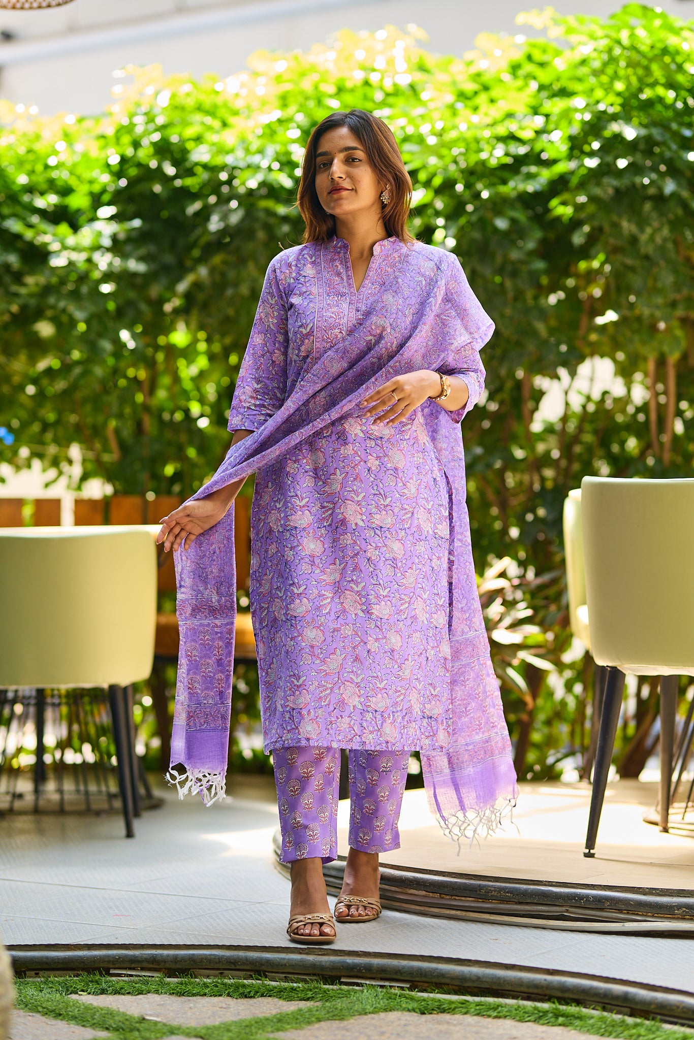 Royal Lilac Floral Block Print Cotton Salwar suit set with Kota Dupatta