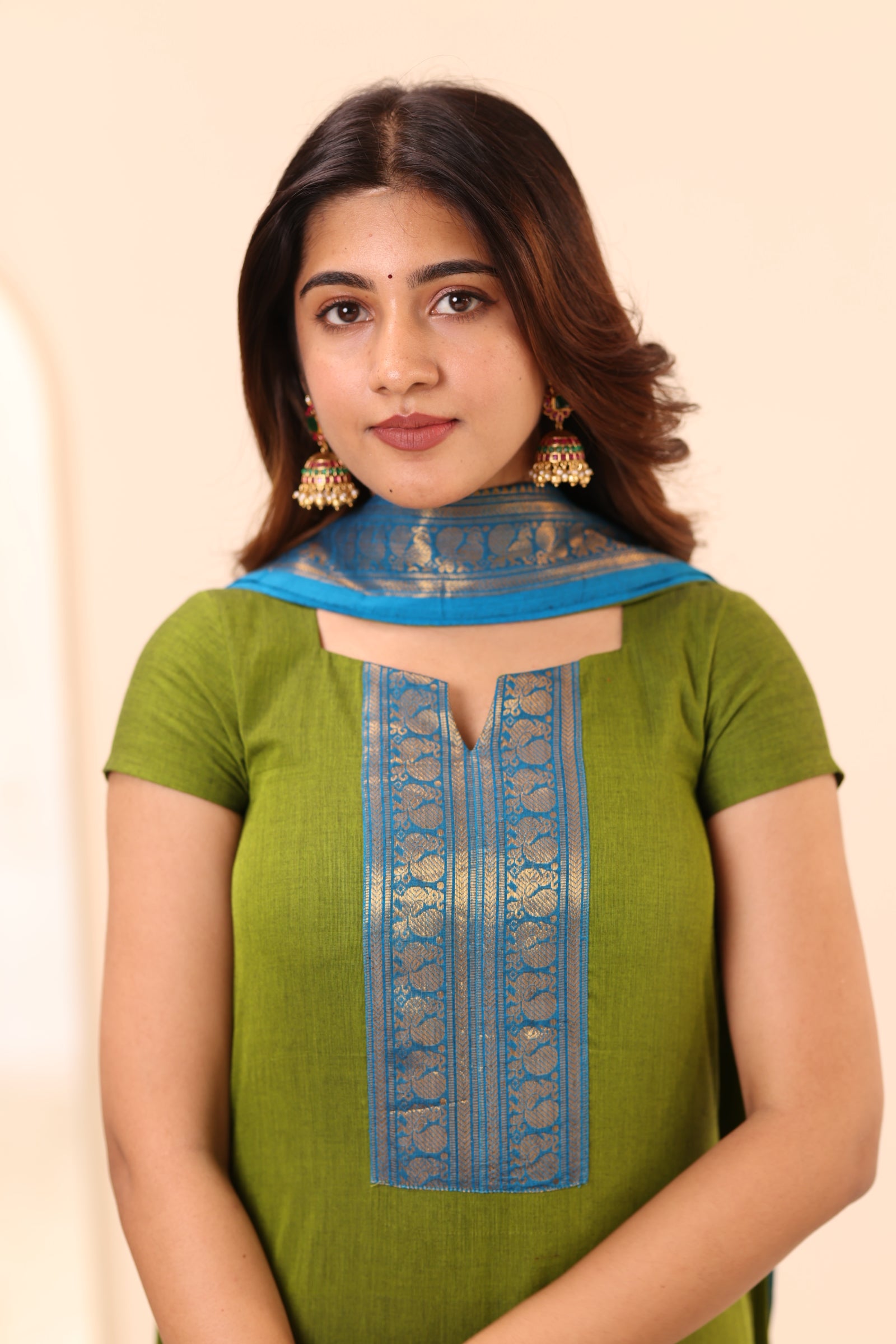 Olive Green with Turquoise Blue Chettinad Cotton Top and Dupatta