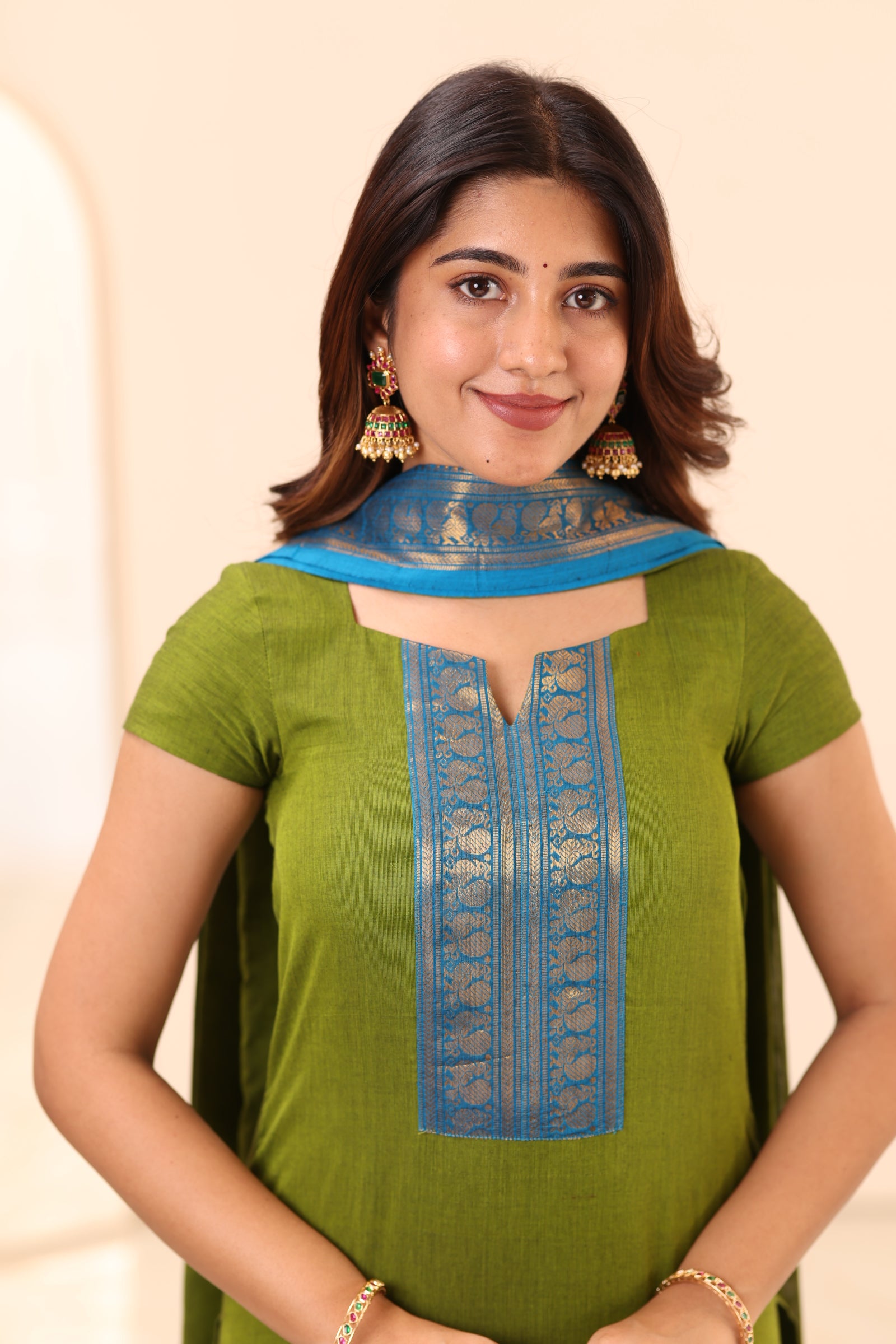 Olive Green with Turquoise Blue Chettinad Cotton Top and Dupatta