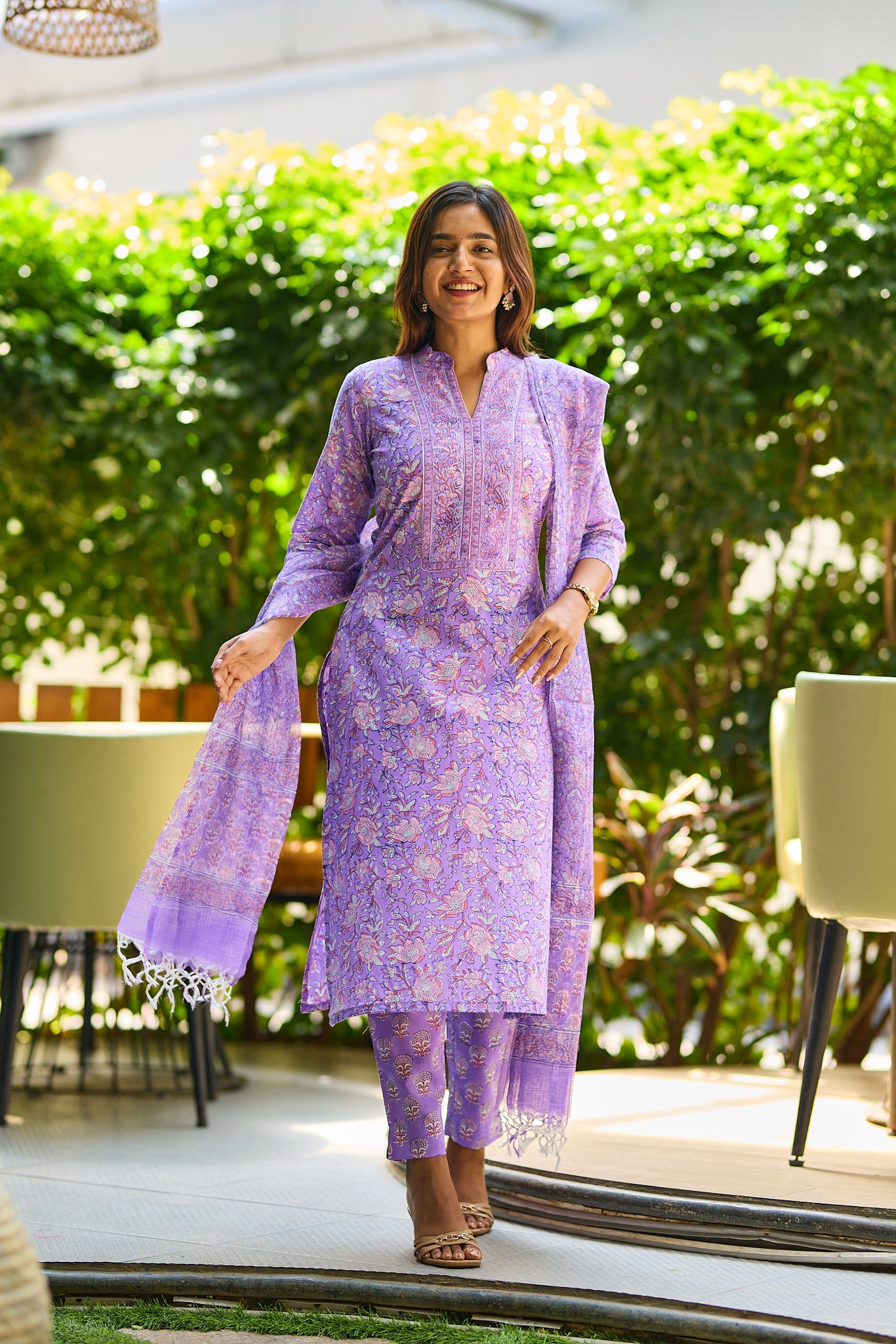 Royal Lilac Floral Block Print Cotton Salwar suit set with Kota Dupatta