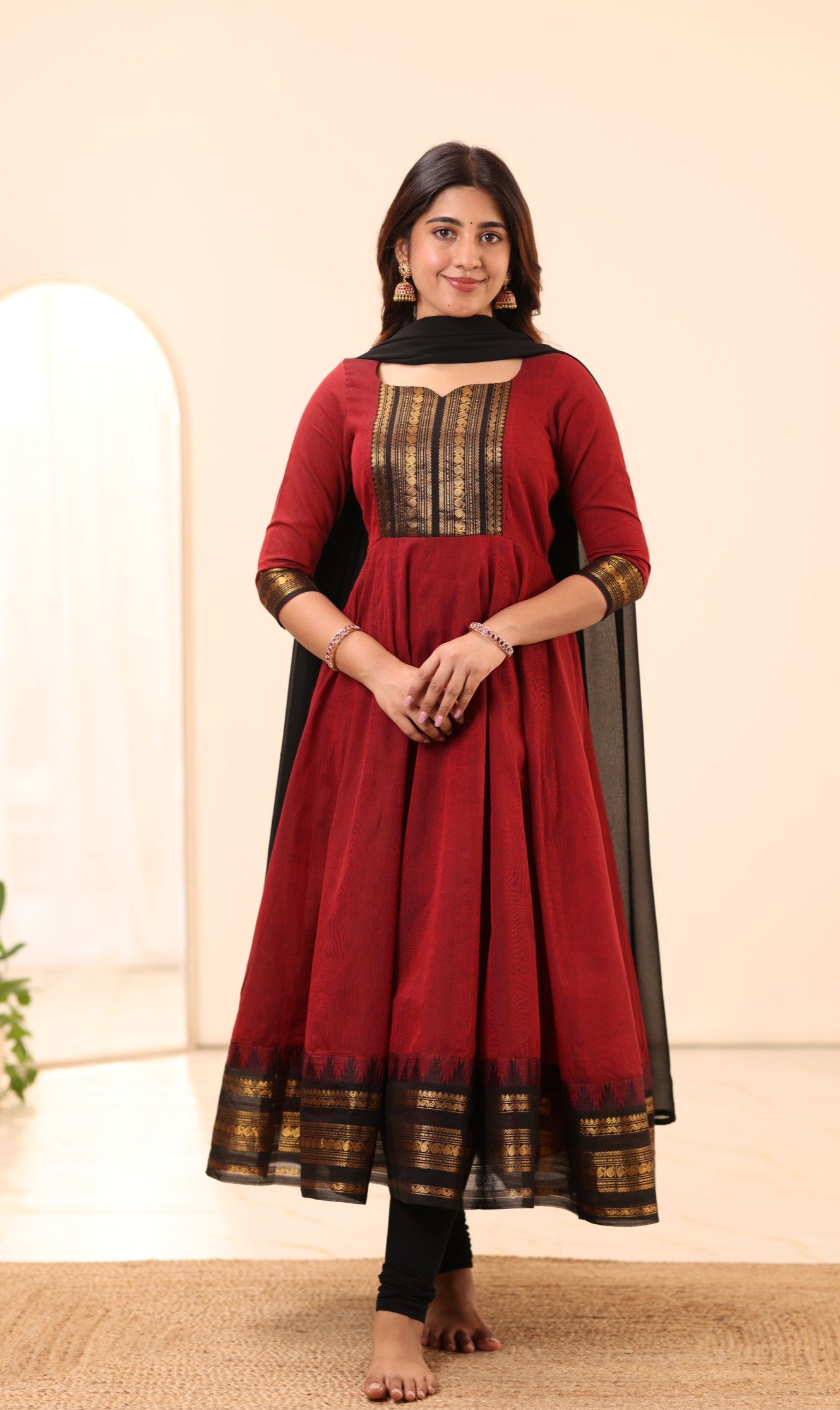 Maroon and Black Chettinad Cotton Anarkali Top and Dupatta