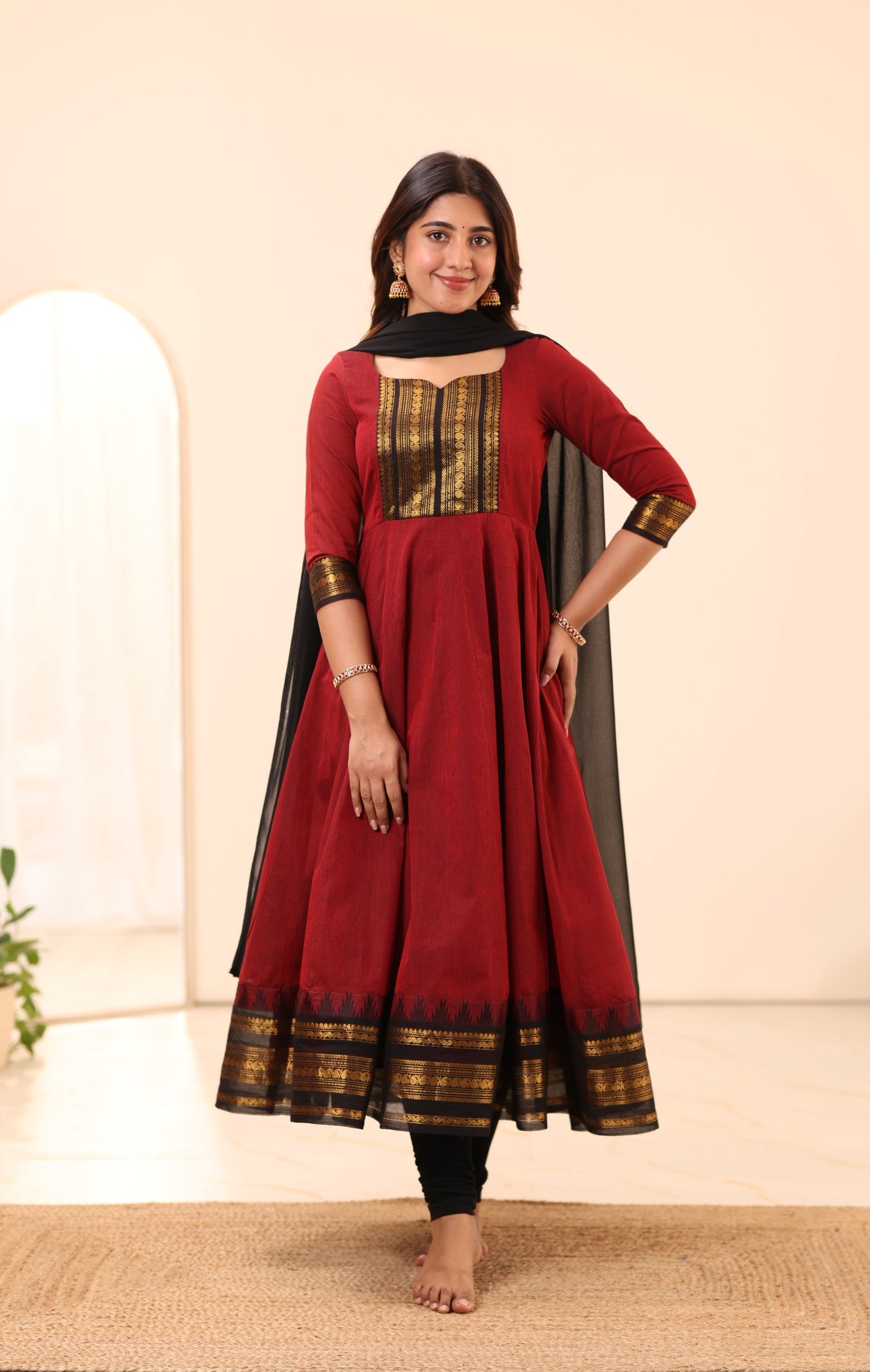 Maroon and Black Chettinad Cotton Anarkali Top and Dupatta