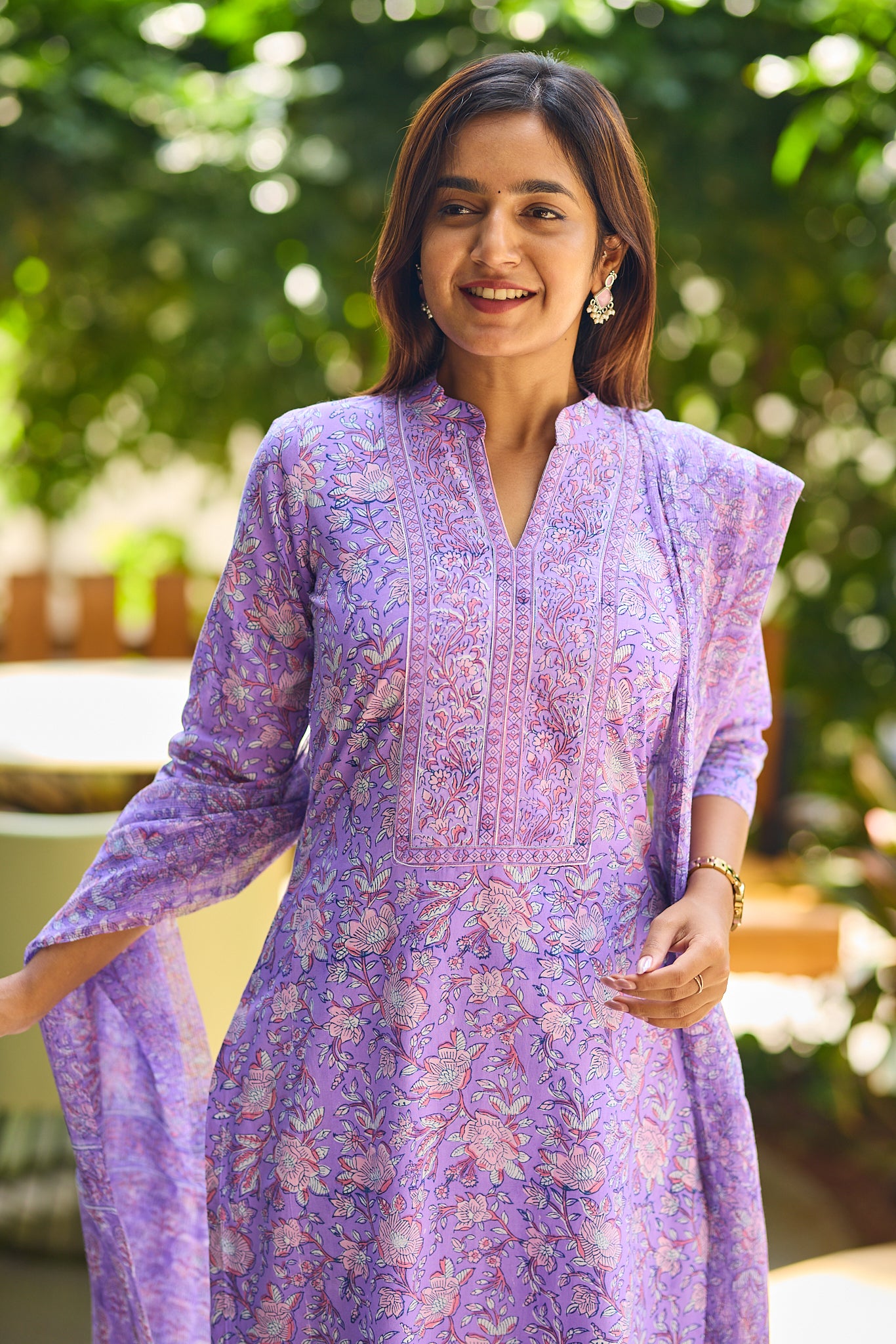 Royal Lilac Floral Block Print Cotton Salwar suit set with Kota Dupatta