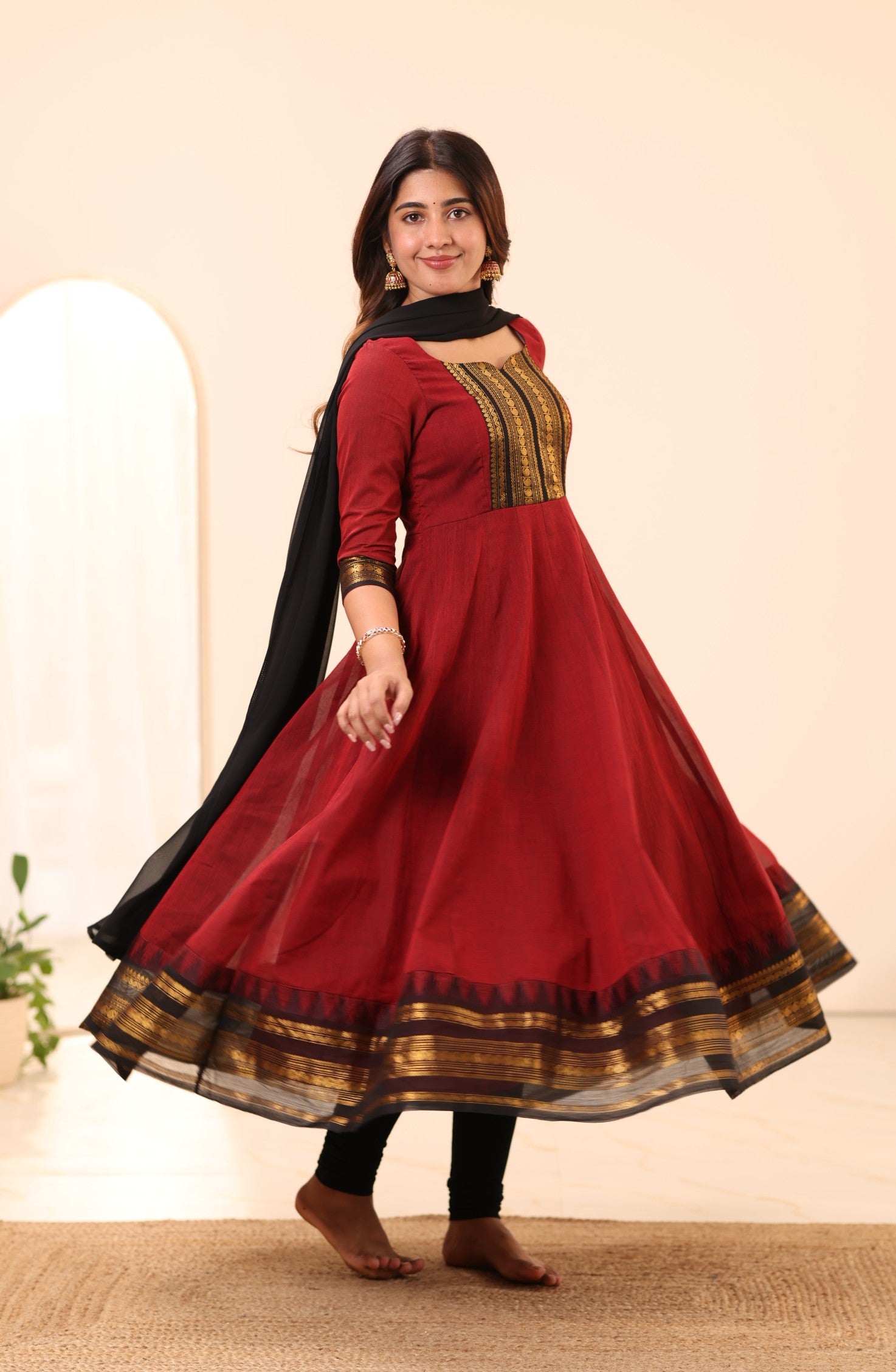 Maroon and Black Chettinad Cotton Anarkali Top and Dupatta