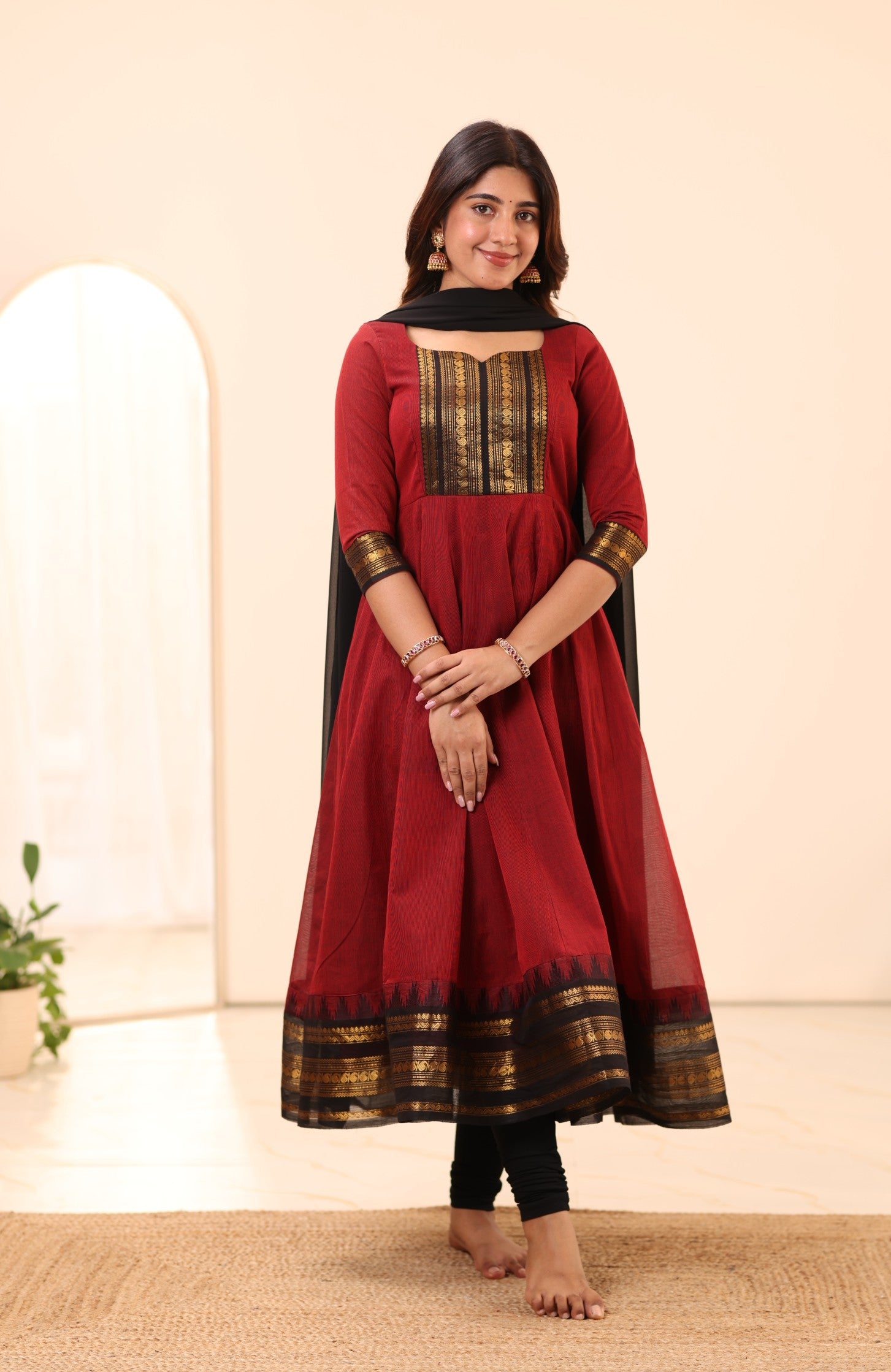Maroon and Black Chettinad Cotton Anarkali Top and Dupatta