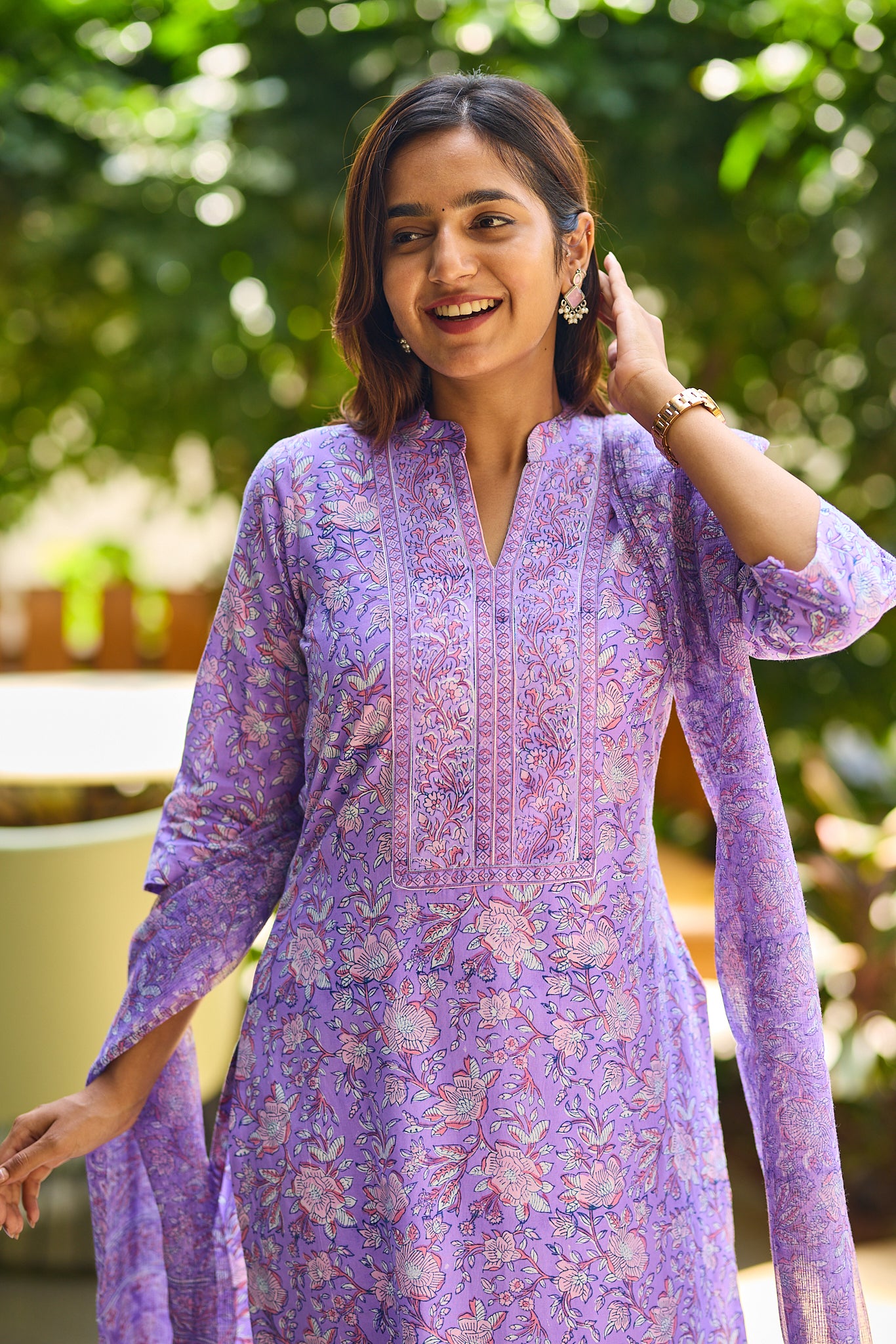 Royal Lilac Floral Block Print Cotton Salwar suit set with Kota Dupatta
