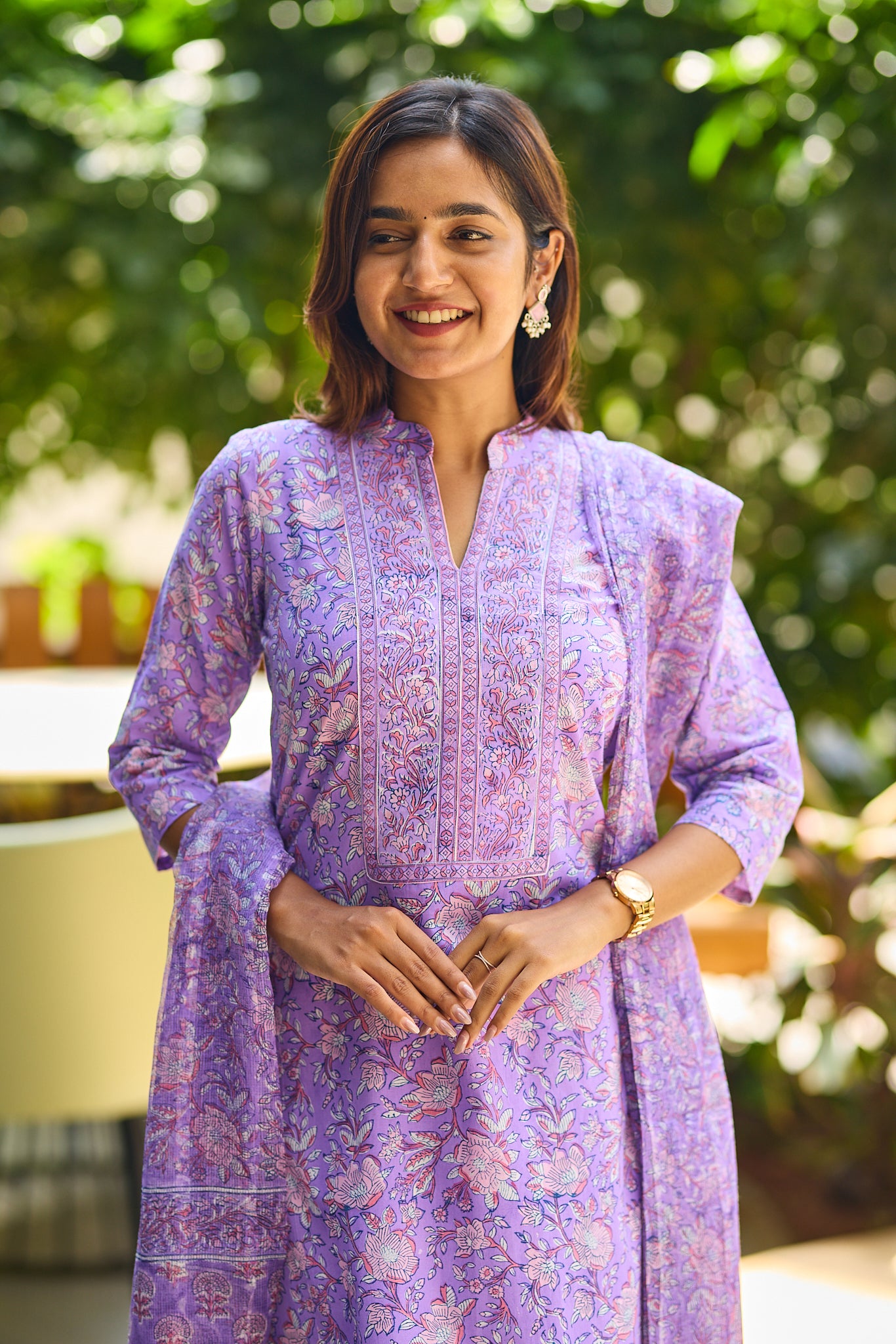 Royal Lilac Floral Block Print Cotton Salwar suit set with Kota Dupatta