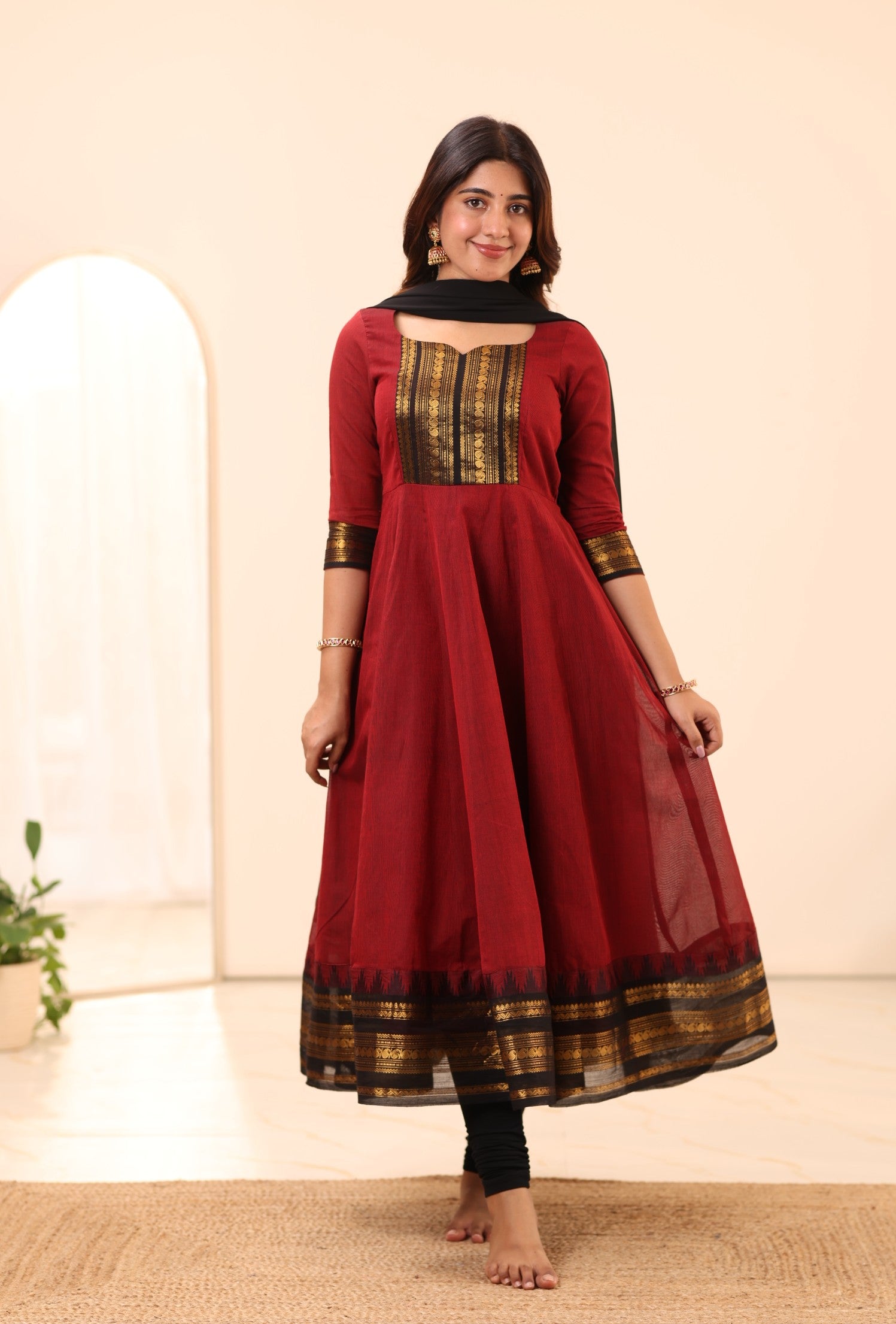 Maroon and Black Chettinad Cotton Anarkali Top and Dupatta
