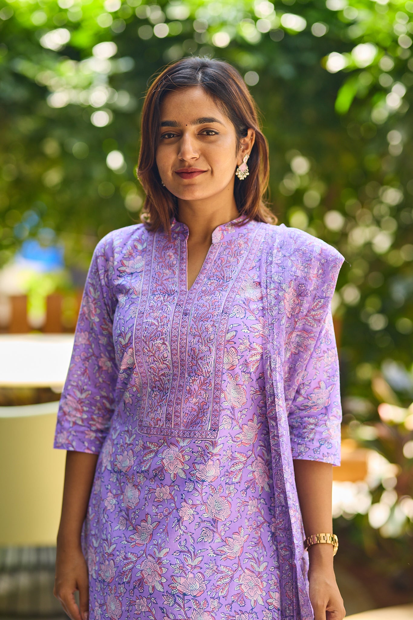 Royal Lilac Floral Block Print Cotton Salwar suit set with Kota Dupatta