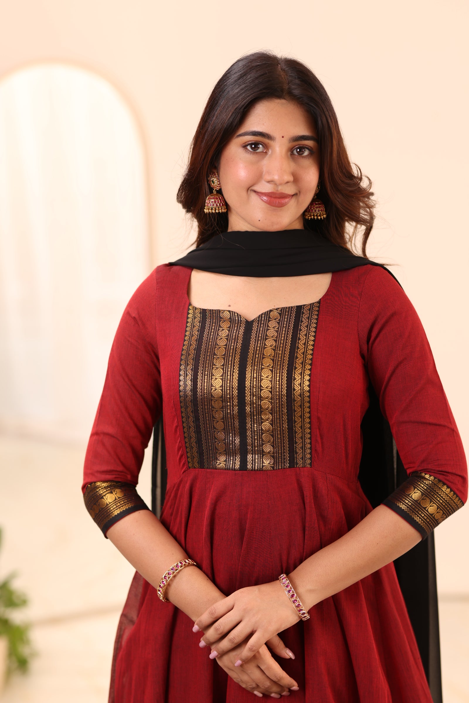 Maroon and Black Chettinad Cotton Anarkali Top and Dupatta