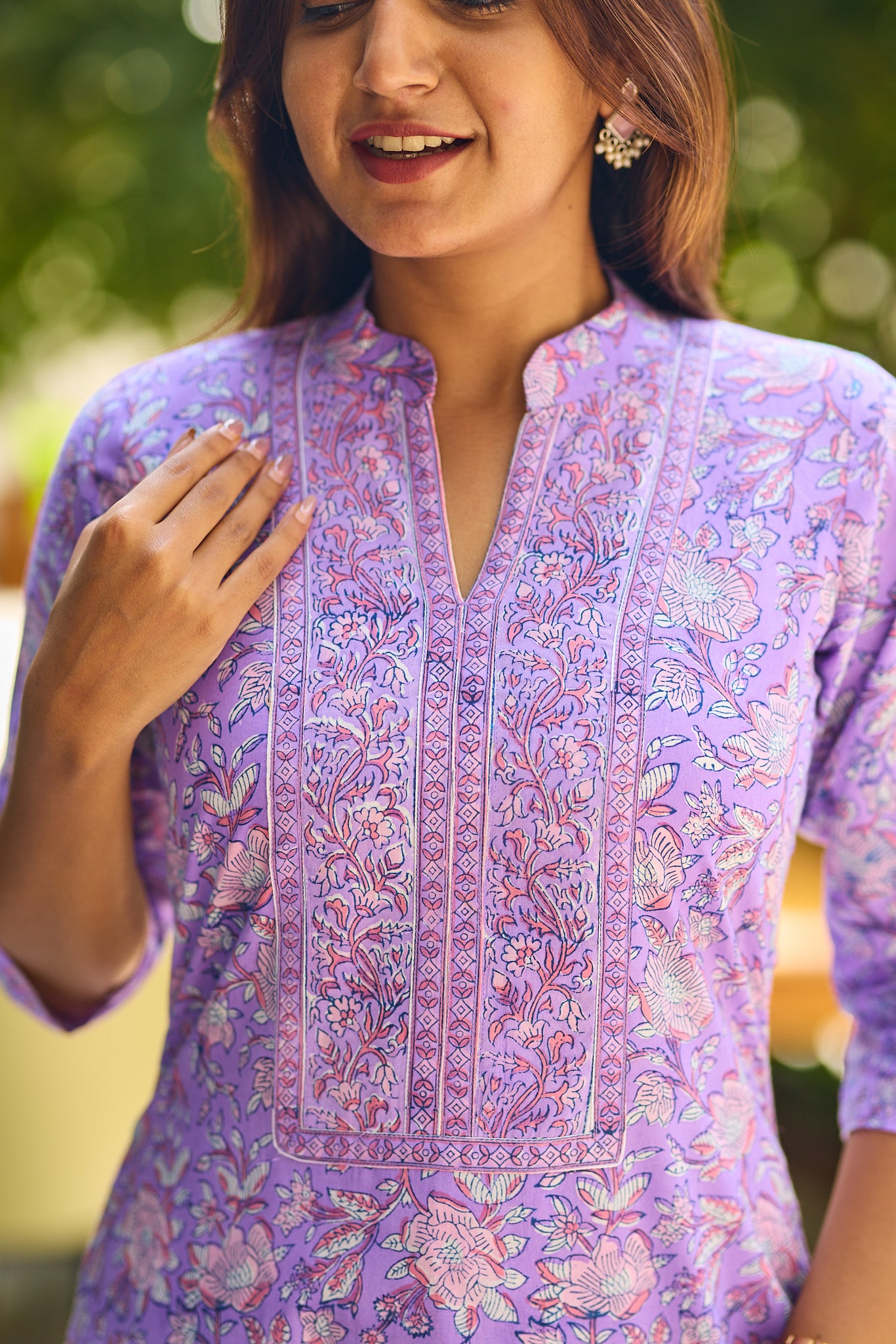 Royal Lilac Floral Block Print Cotton Salwar suit set with Kota Dupatta