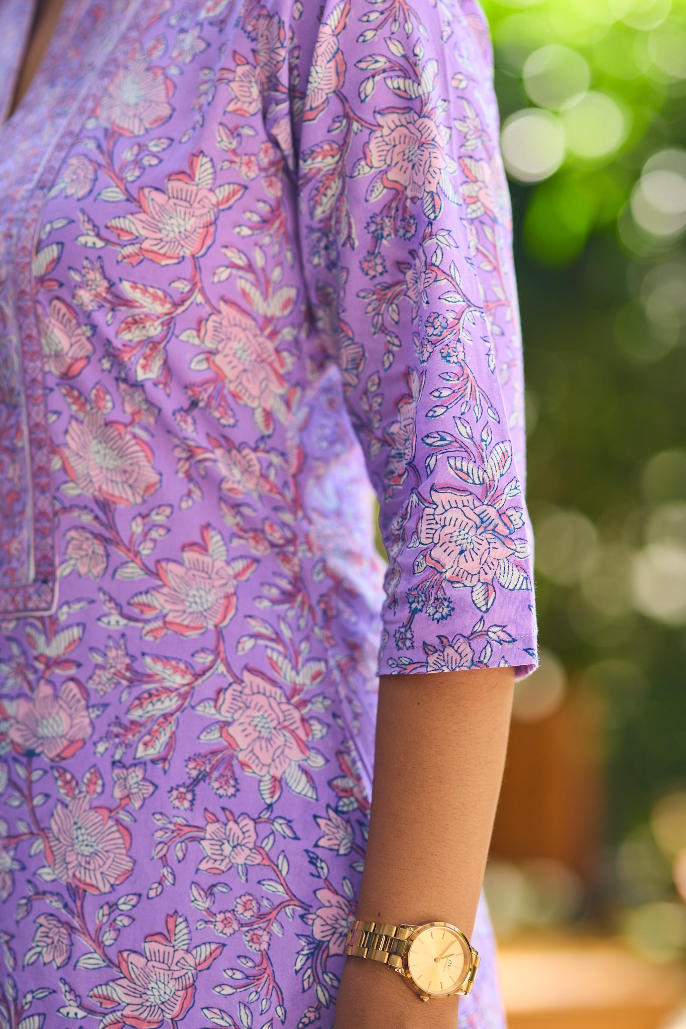 Royal Lilac Floral Block Print Cotton Salwar suit set with Kota Dupatta